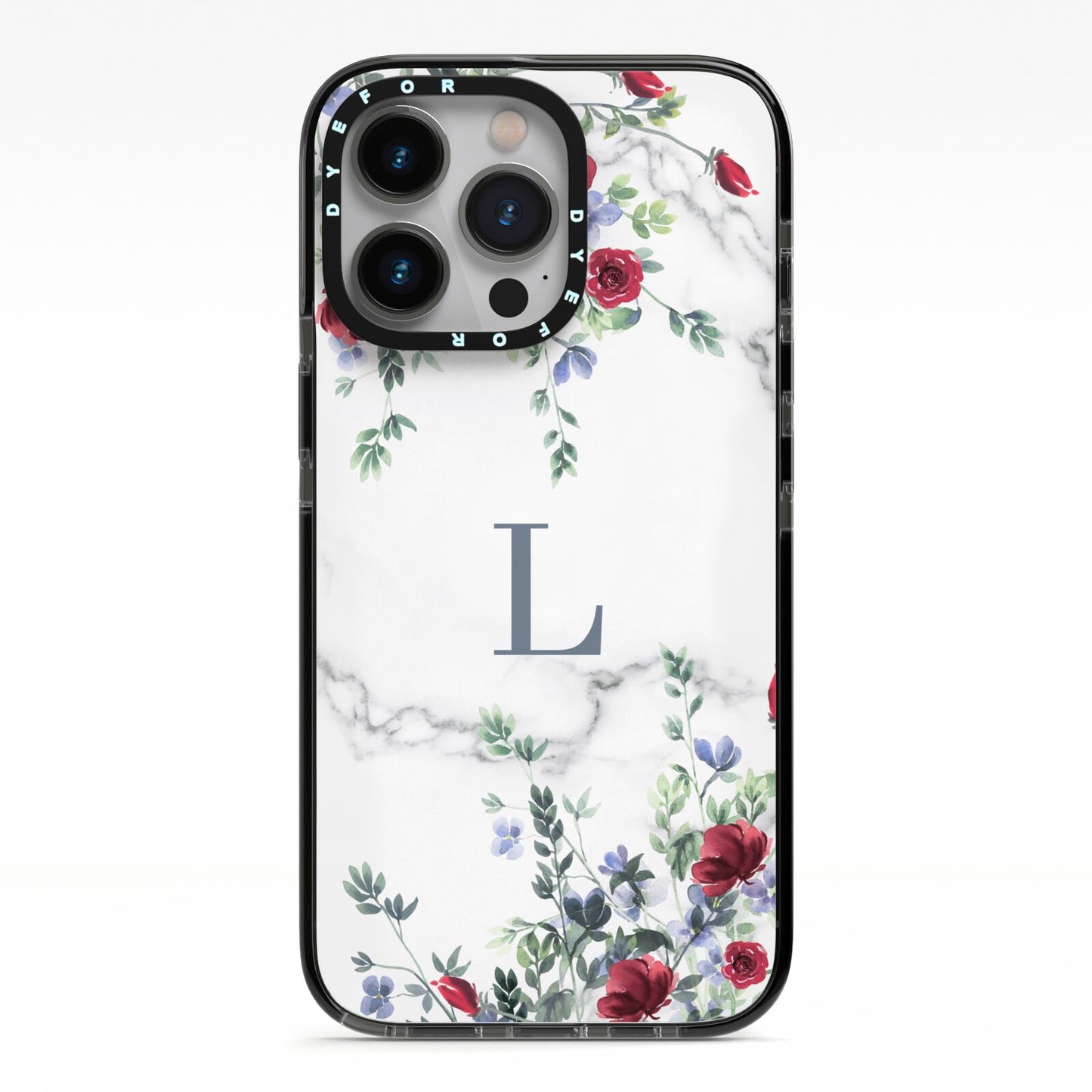 Floral Marble Monogram Personalised iPhone 13 Pro Black Impact Case on Silver phone