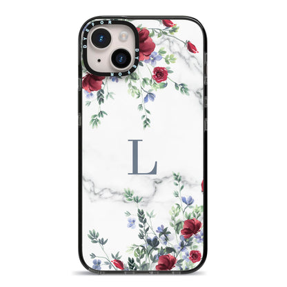 Floral Marble Monogram Personalised iPhone 14 Plus Black Impact Case on Silver phone