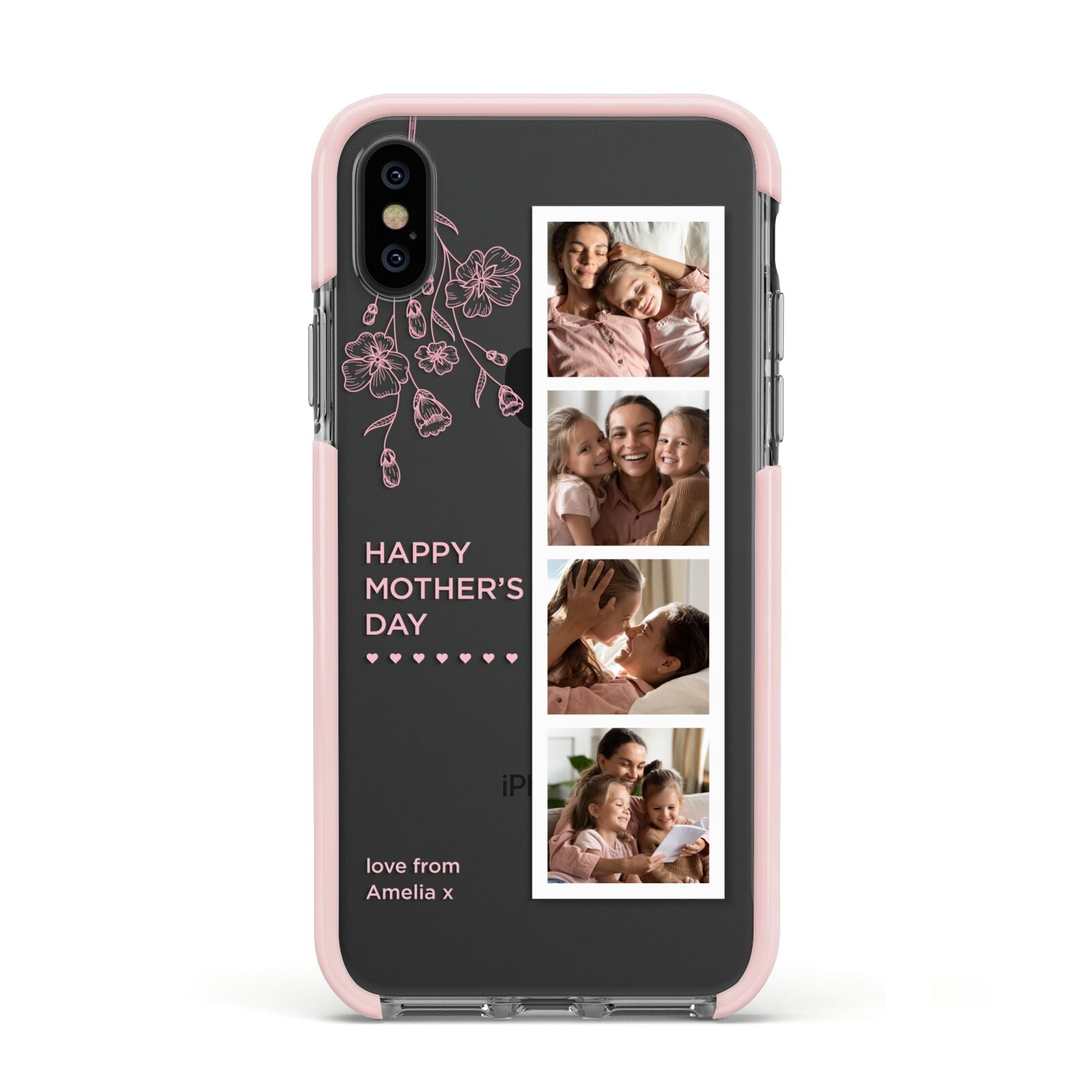 Floral Mothers Day Photo Strip Apple iPhone Xs Impact Case Pink Edge on Black Phone