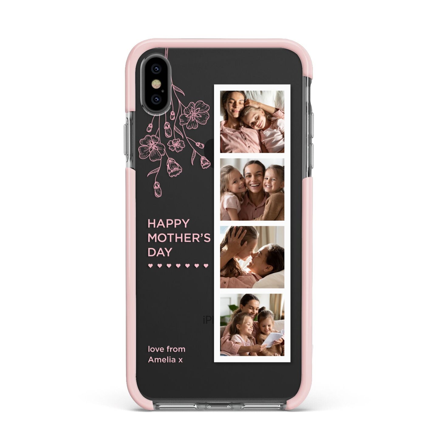 Floral Mothers Day Photo Strip Apple iPhone Xs Max Impact Case Pink Edge on Black Phone