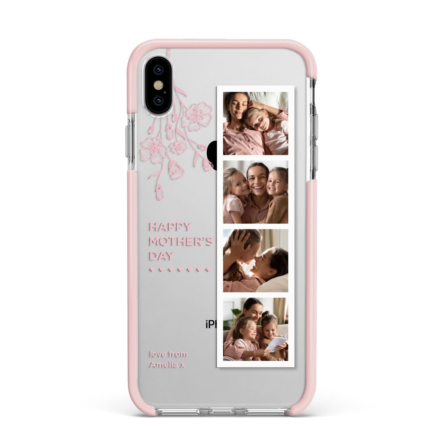 Floral Mothers Day Photo Strip Apple iPhone Xs Max Impact Case Pink Edge on Silver Phone