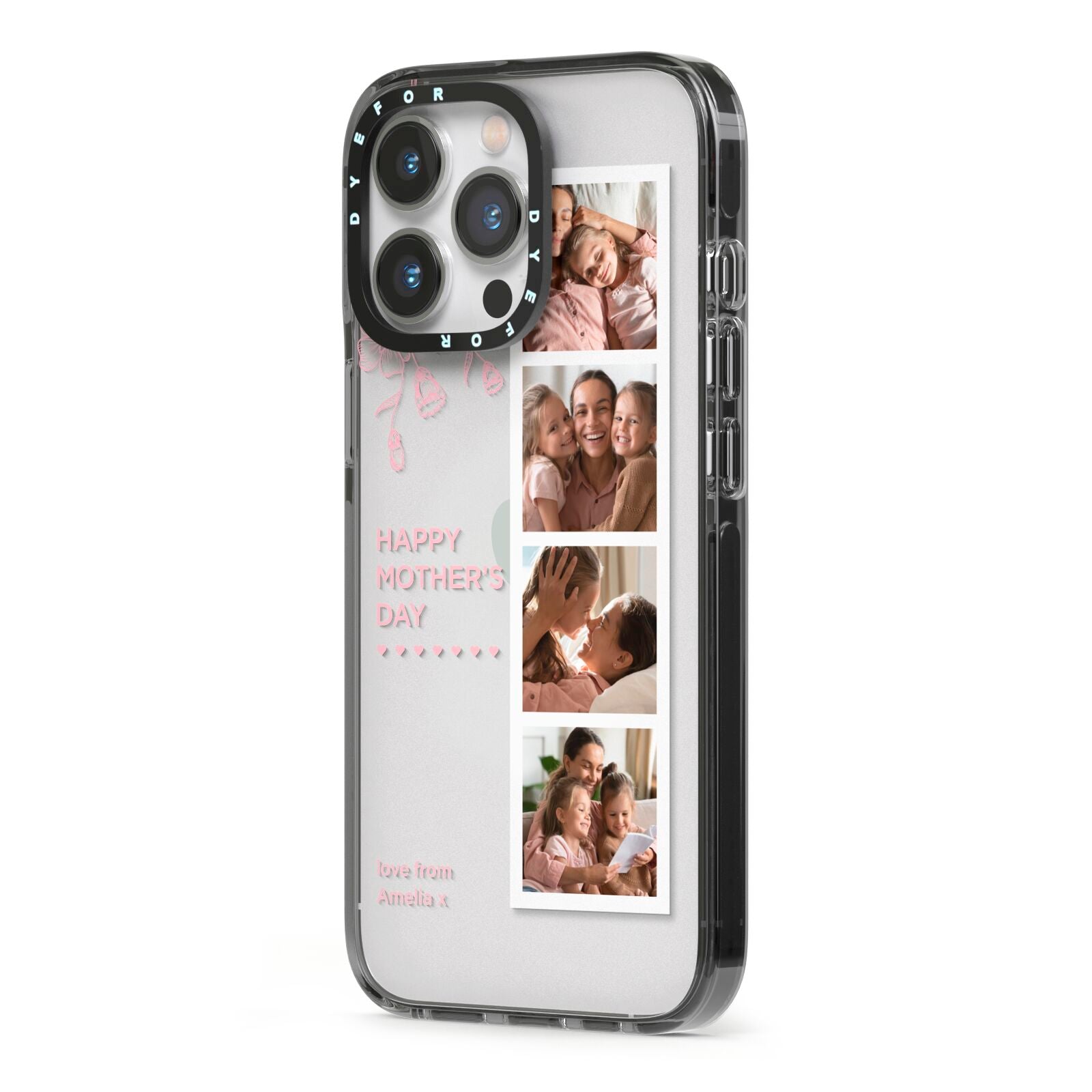 Floral Mothers Day Photo Strip iPhone 13 Pro Black Impact Case Side Angle on Silver phone