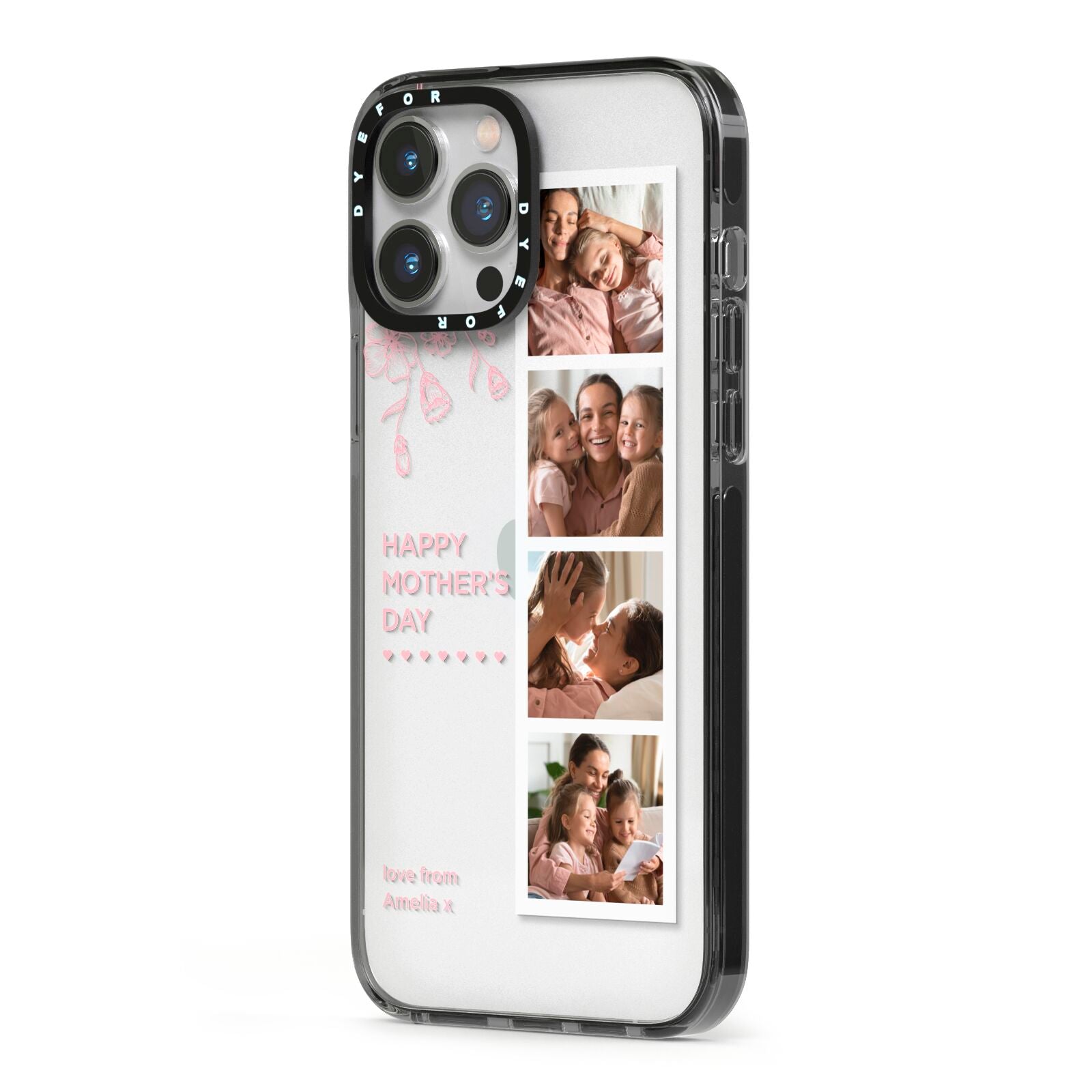 Floral Mothers Day Photo Strip iPhone 13 Pro Max Black Impact Case Side Angle on Silver phone