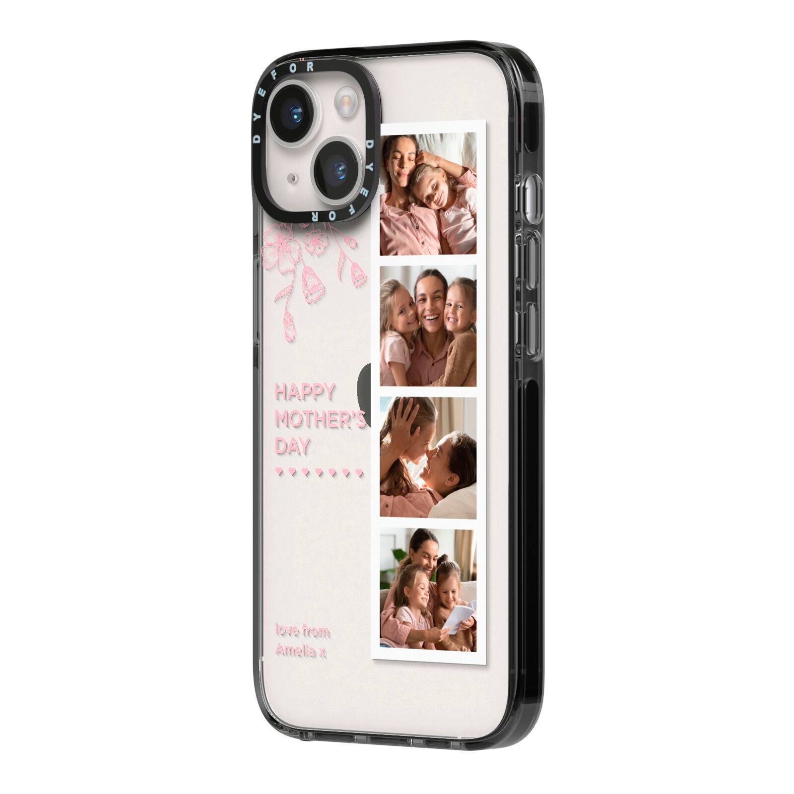 Floral Mothers Day Photo Strip iPhone 14 Black Impact Case Side Angle on Silver phone