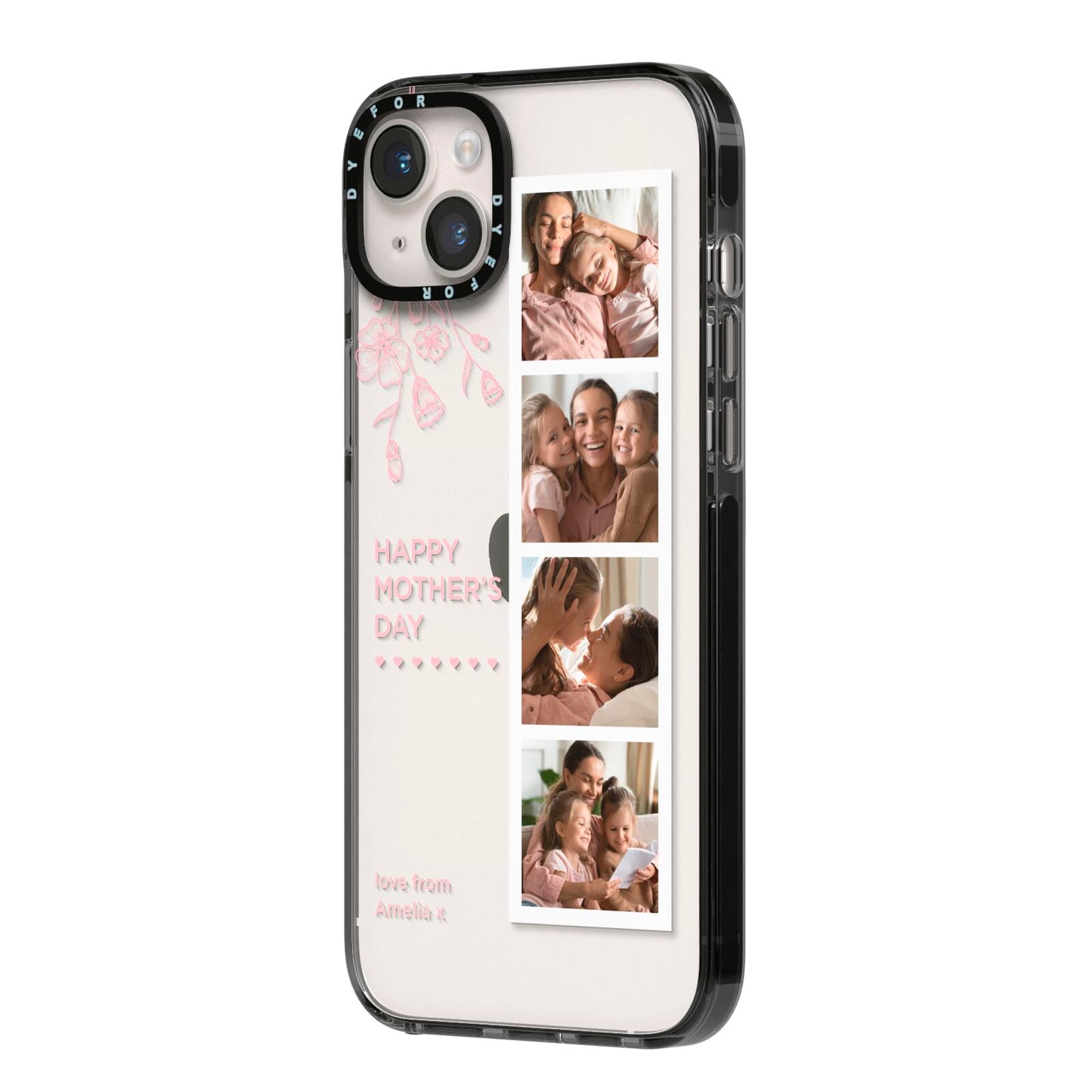 Floral Mothers Day Photo Strip iPhone 14 Plus Black Impact Case Side Angle on Silver phone