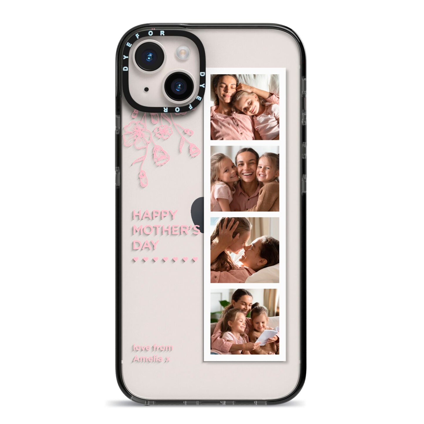 Floral Mothers Day Photo Strip iPhone 14 Plus Black Impact Case on Silver phone