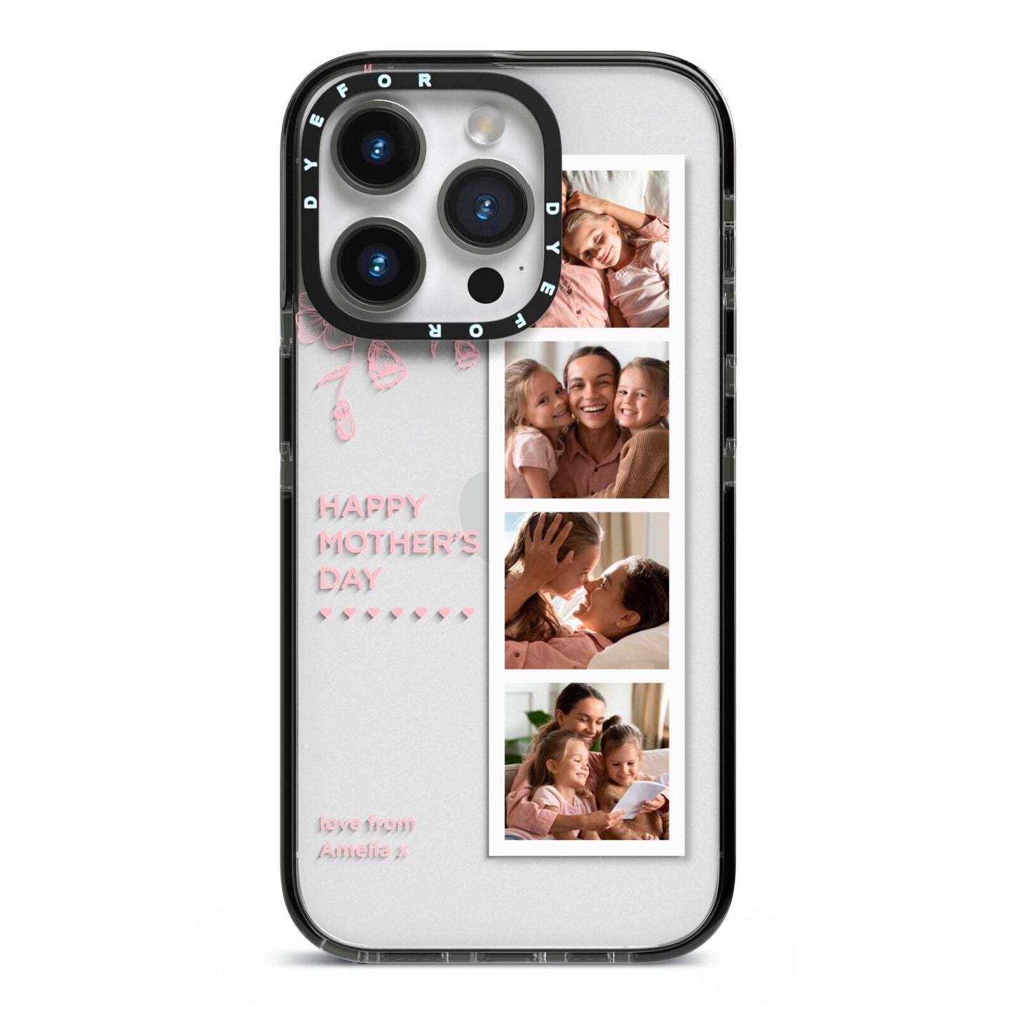 Floral Mothers Day Photo Strip iPhone 14 Pro Black Impact Case on Silver phone