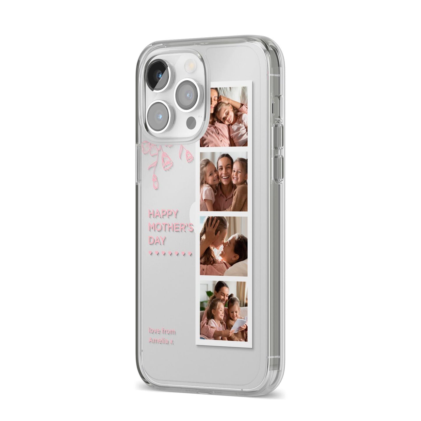 Floral Mothers Day Photo Strip iPhone 14 Pro Max Clear Tough Case Silver Angled Image