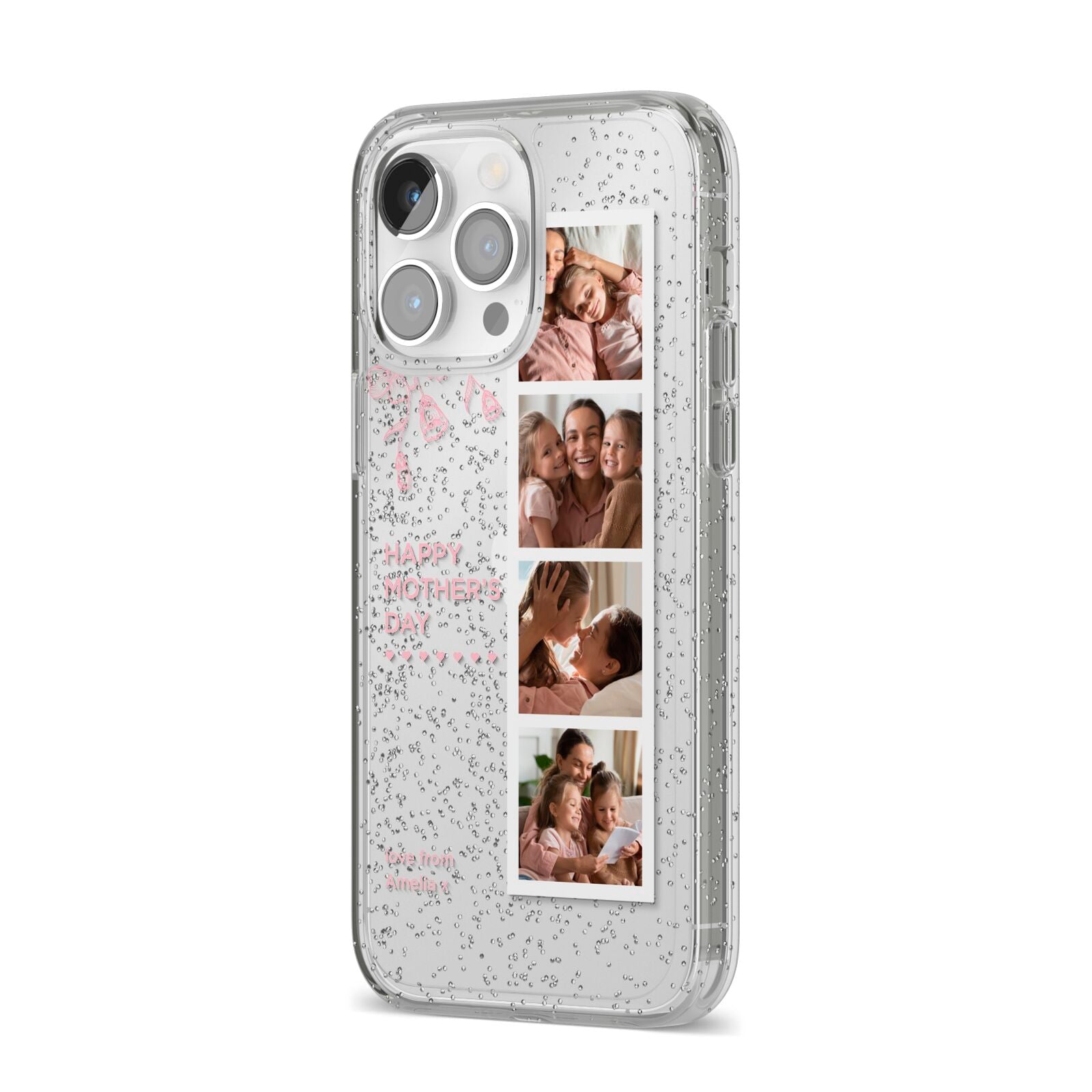 Floral Mothers Day Photo Strip iPhone 14 Pro Max Glitter Tough Case Silver Angled Image