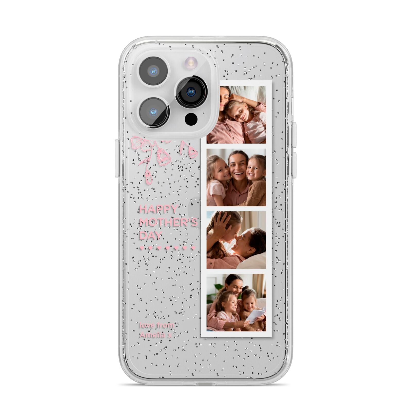 Floral Mothers Day Photo Strip iPhone 14 Pro Max Glitter Tough Case Silver