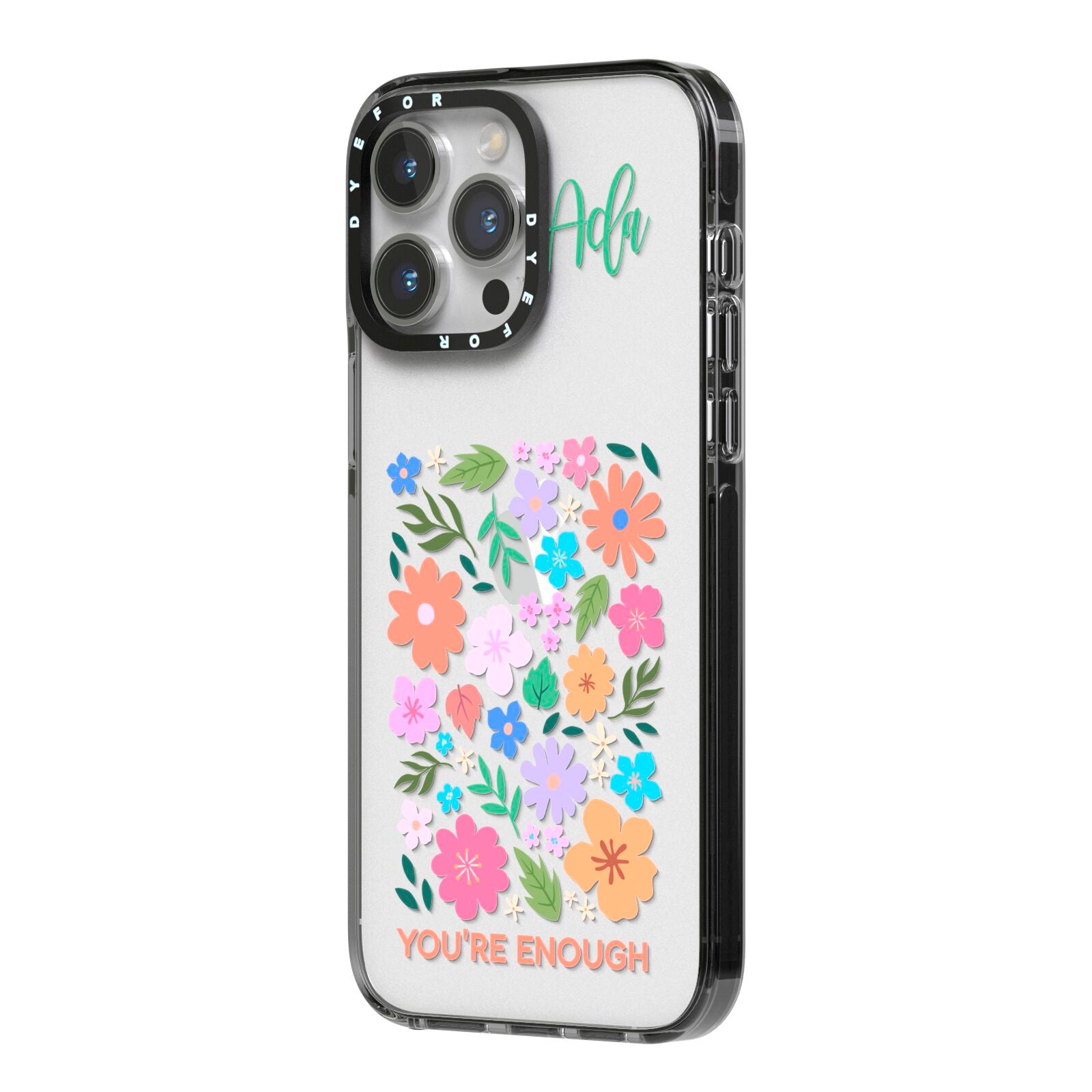 Floral Poster iPhone 14 Pro Max Black Impact Case Side Angle on Silver phone