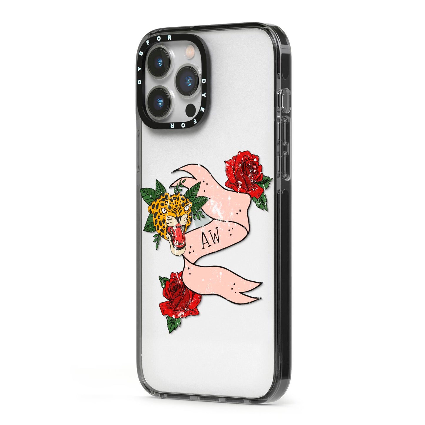 Floral Scroll Custom iPhone 13 Pro Max Black Impact Case Side Angle on Silver phone