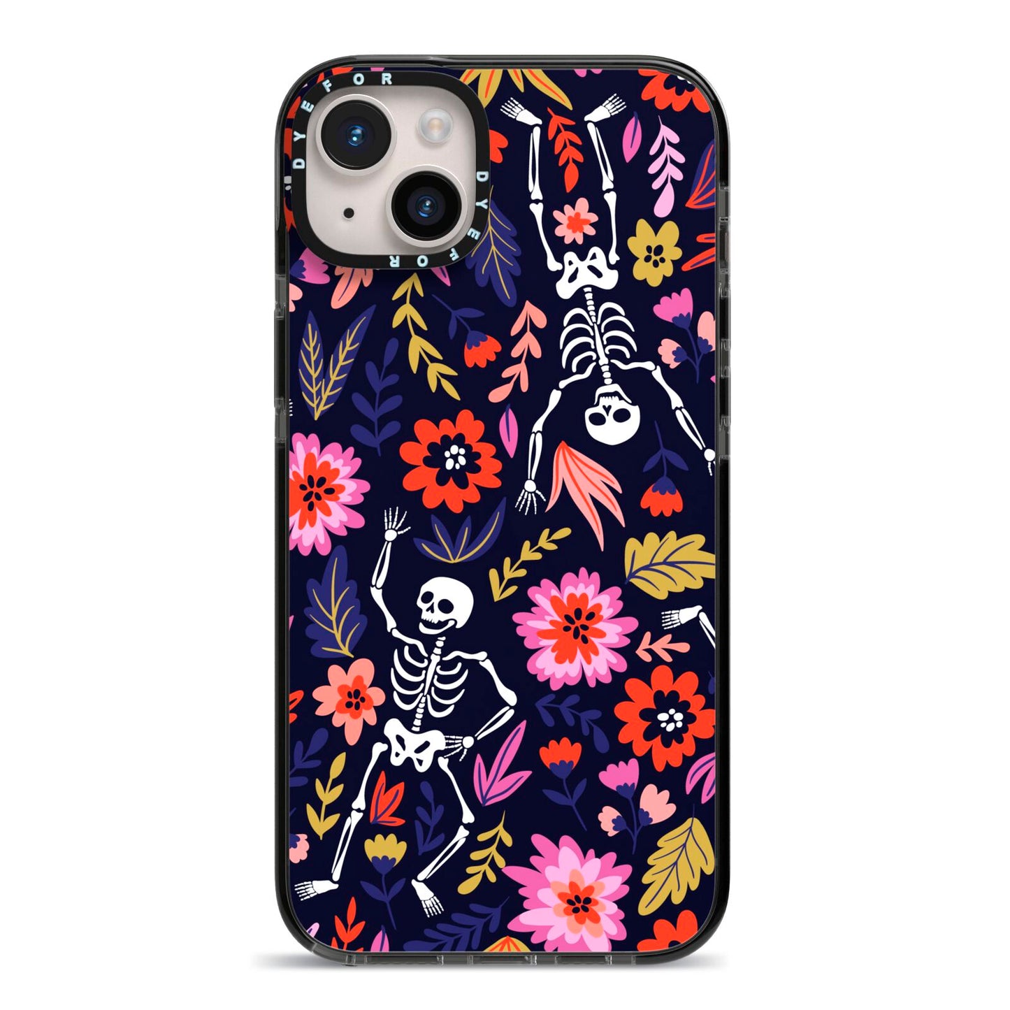 Floral Skeleton iPhone 14 Plus Black Impact Case on Silver phone