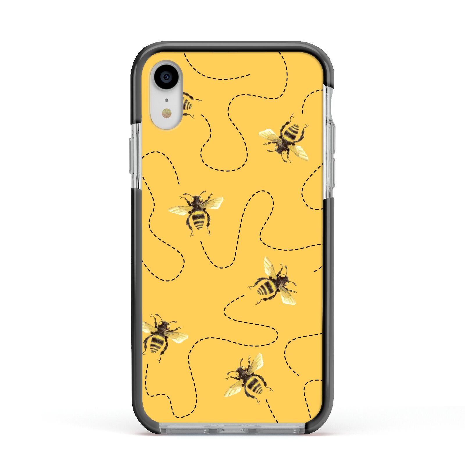 Flying Bees with Yellow Background Apple iPhone XR Impact Case Black Edge on Silver Phone