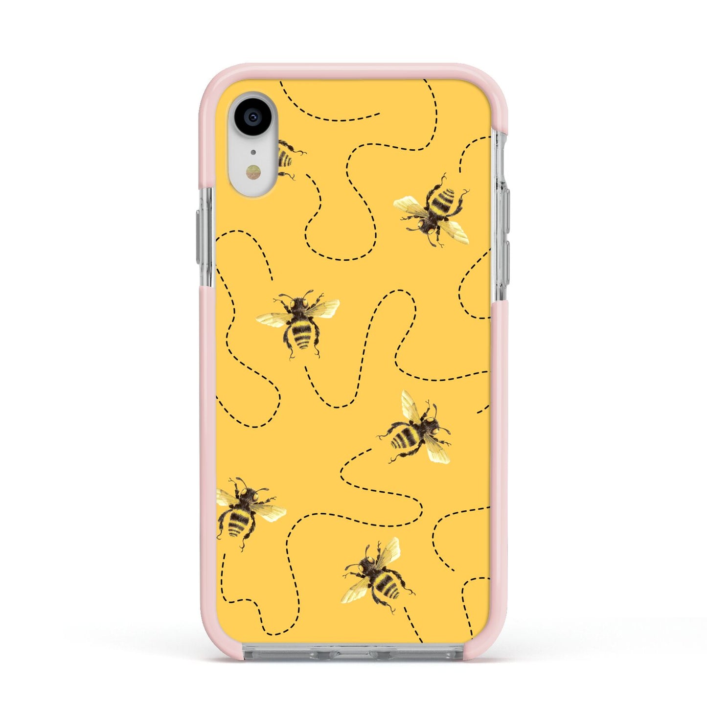 Flying Bees with Yellow Background Apple iPhone XR Impact Case Pink Edge on Silver Phone