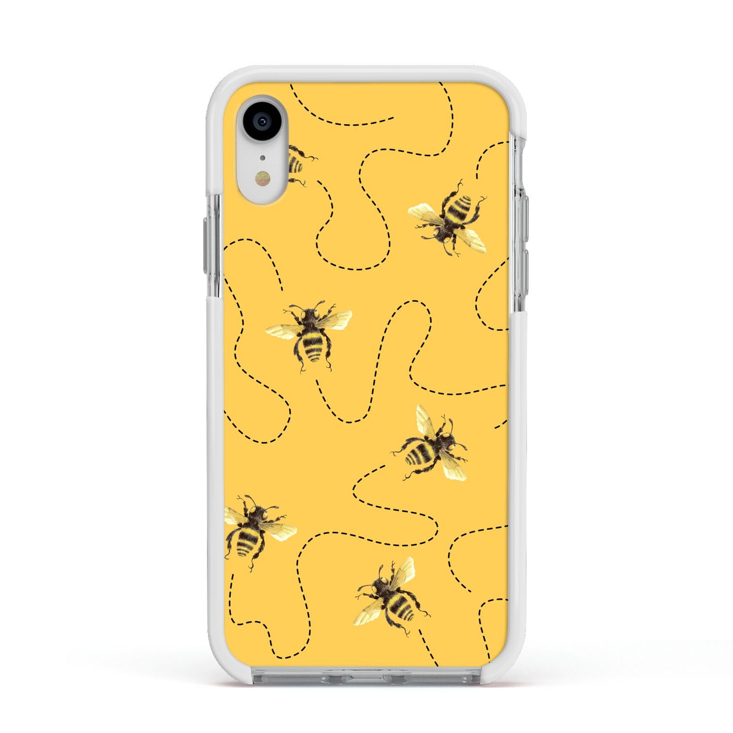 Flying Bees with Yellow Background Apple iPhone XR Impact Case White Edge on Silver Phone