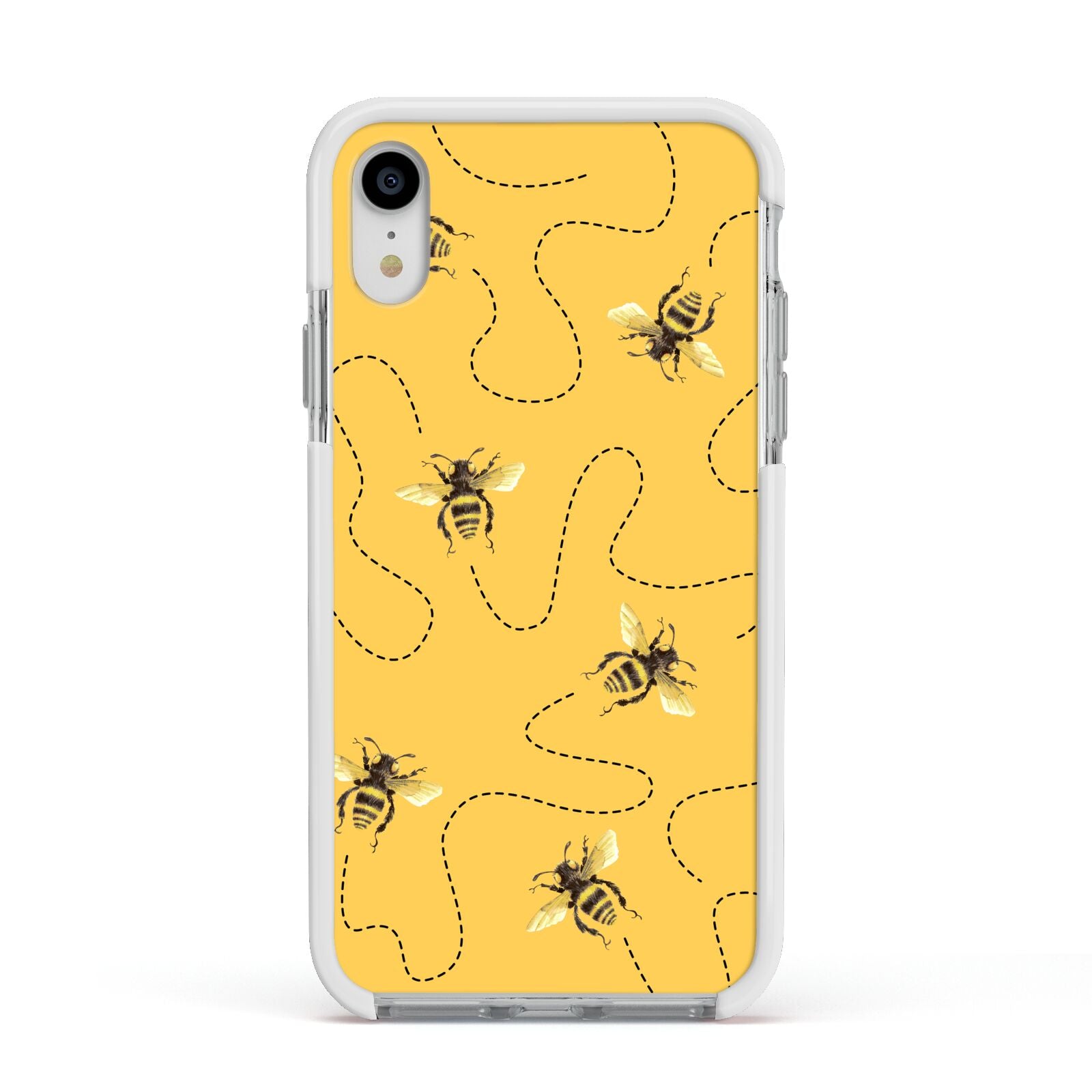 Flying Bees with Yellow Background Apple iPhone XR Impact Case White Edge on Silver Phone