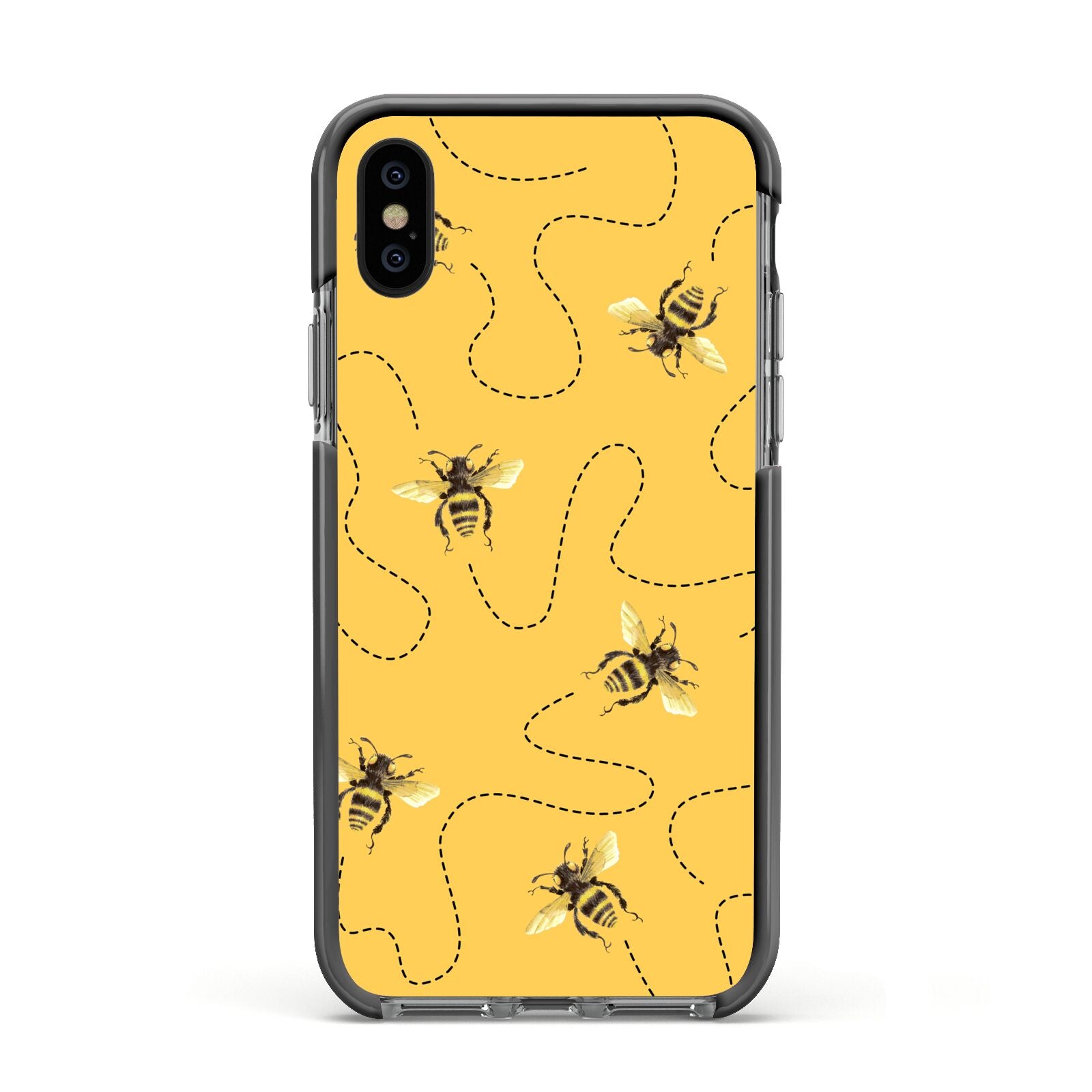 Flying Bees with Yellow Background Apple iPhone Xs Impact Case Black Edge on Black Phone