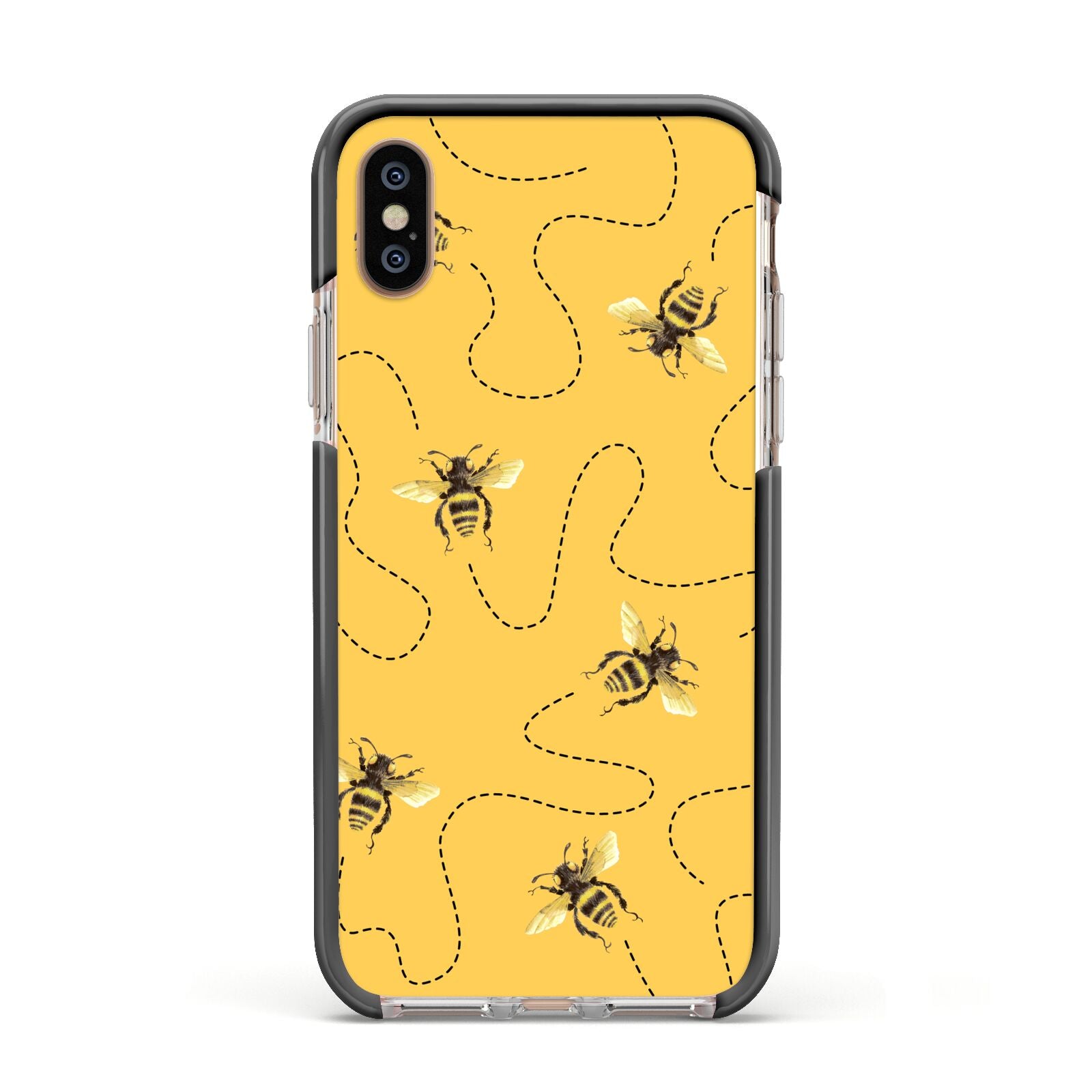 Flying Bees with Yellow Background Apple iPhone Xs Impact Case Black Edge on Gold Phone