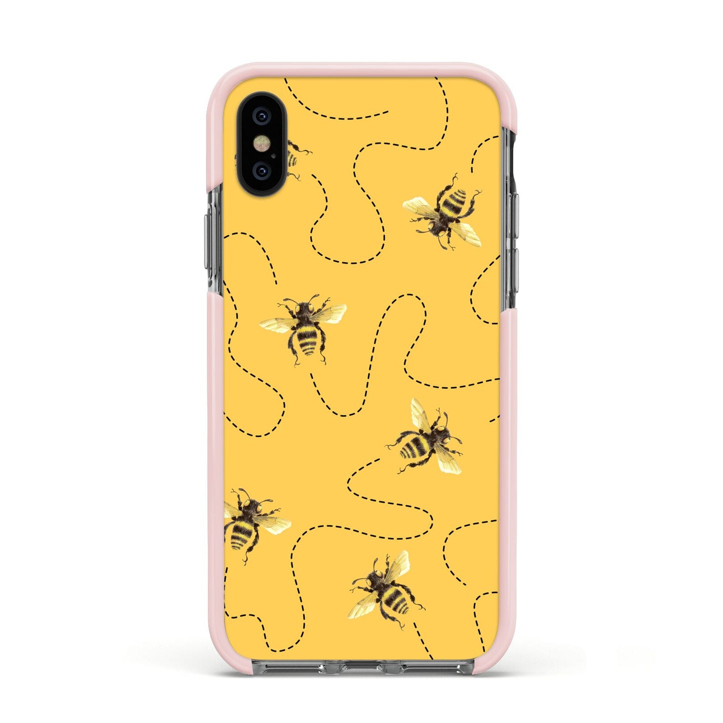 Flying Bees with Yellow Background Apple iPhone Xs Impact Case Pink Edge on Black Phone