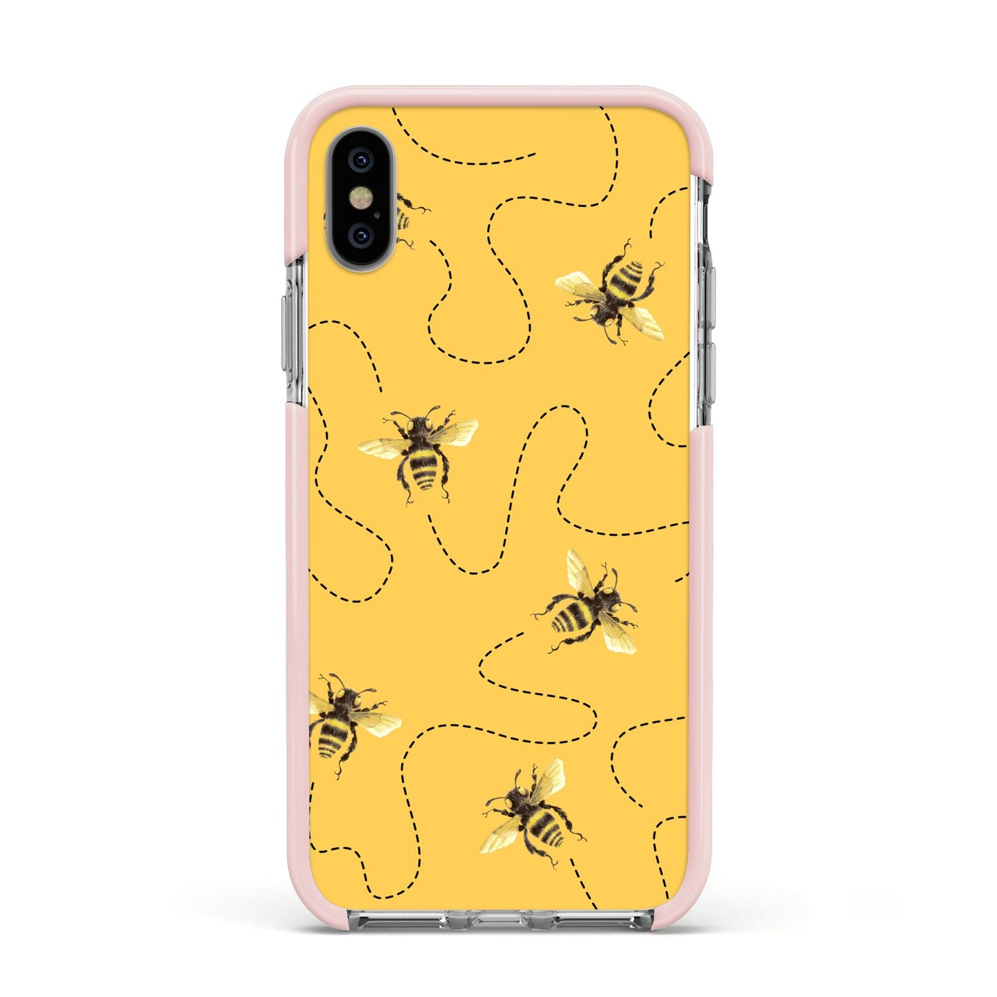 Flying Bees with Yellow Background Apple iPhone Xs Impact Case Pink Edge on Silver Phone