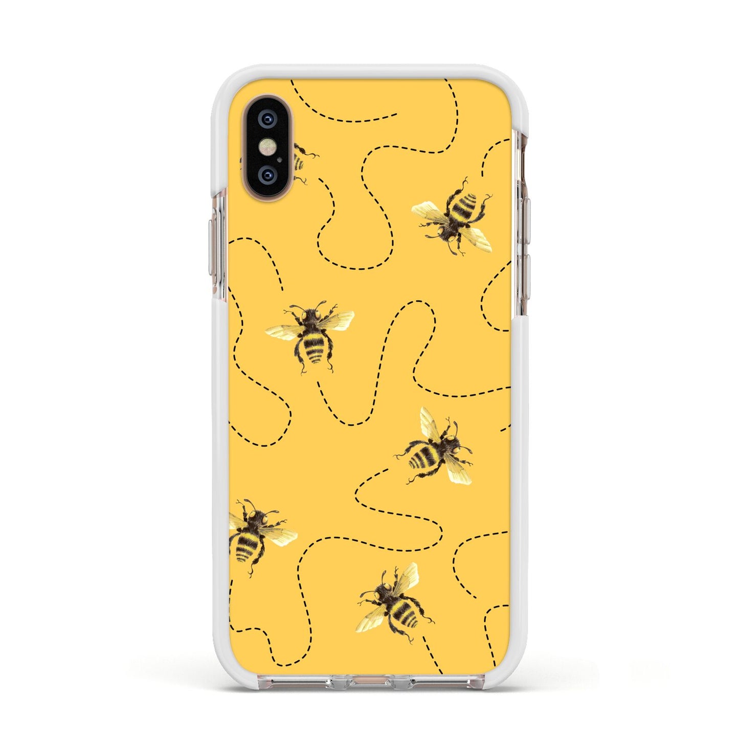 Flying Bees with Yellow Background Apple iPhone Xs Impact Case White Edge on Gold Phone