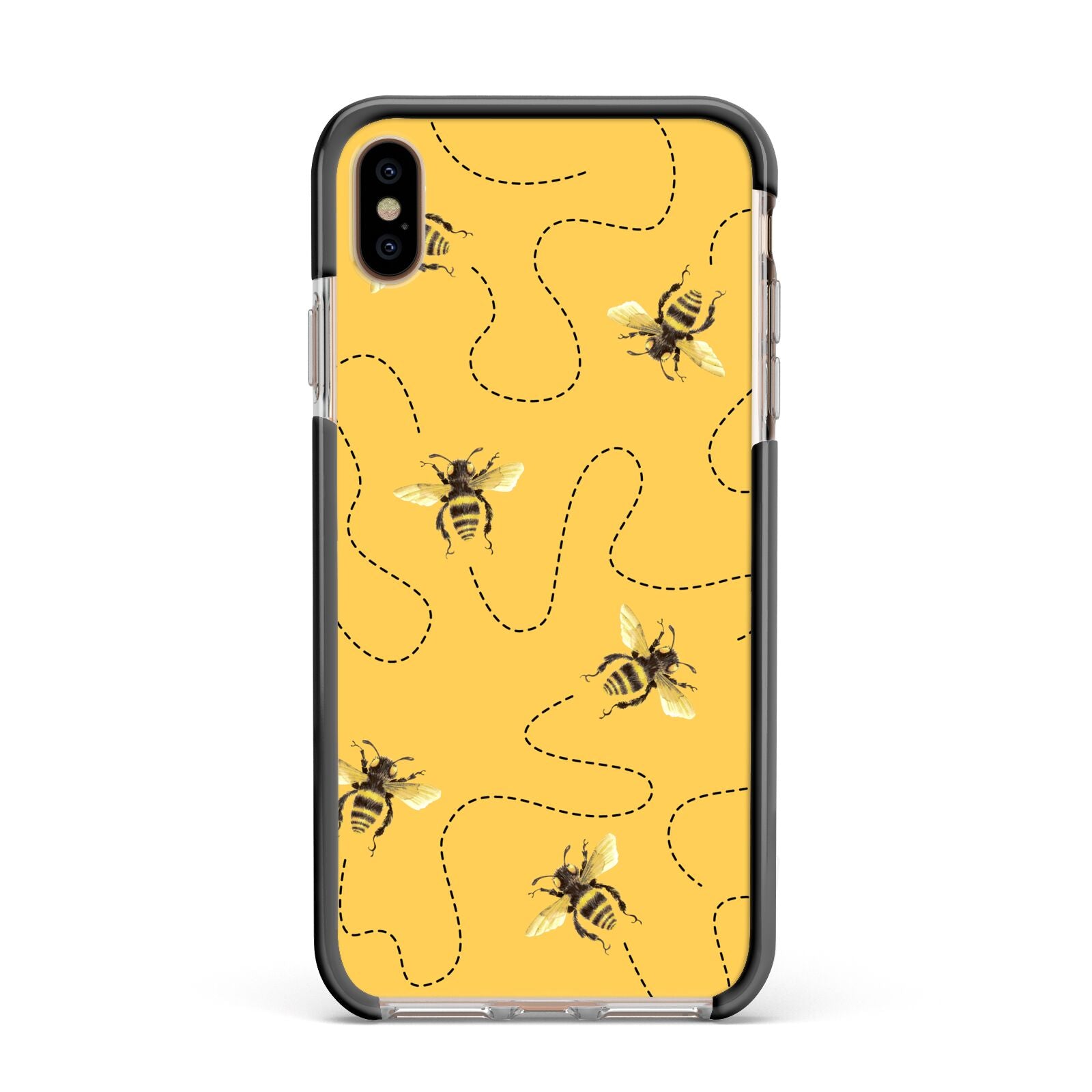 Flying Bees with Yellow Background Apple iPhone Xs Max Impact Case Black Edge on Gold Phone