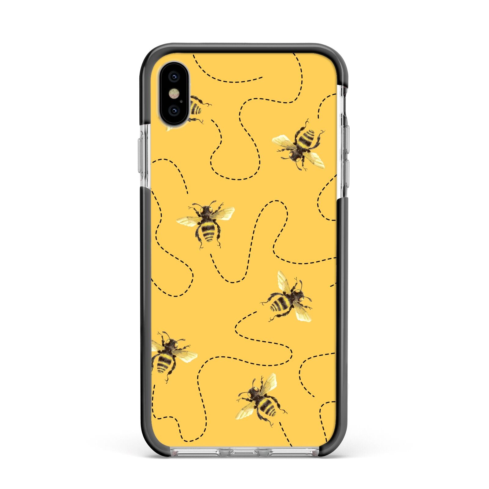 Flying Bees with Yellow Background Apple iPhone Xs Max Impact Case Black Edge on Silver Phone