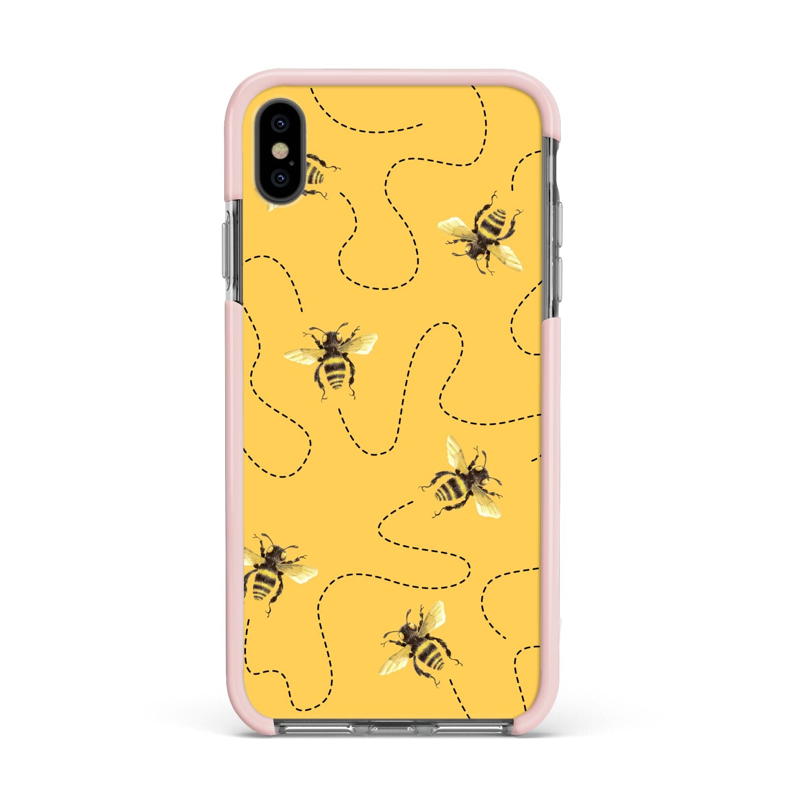 Flying Bees with Yellow Background Apple iPhone Xs Max Impact Case Pink Edge on Black Phone