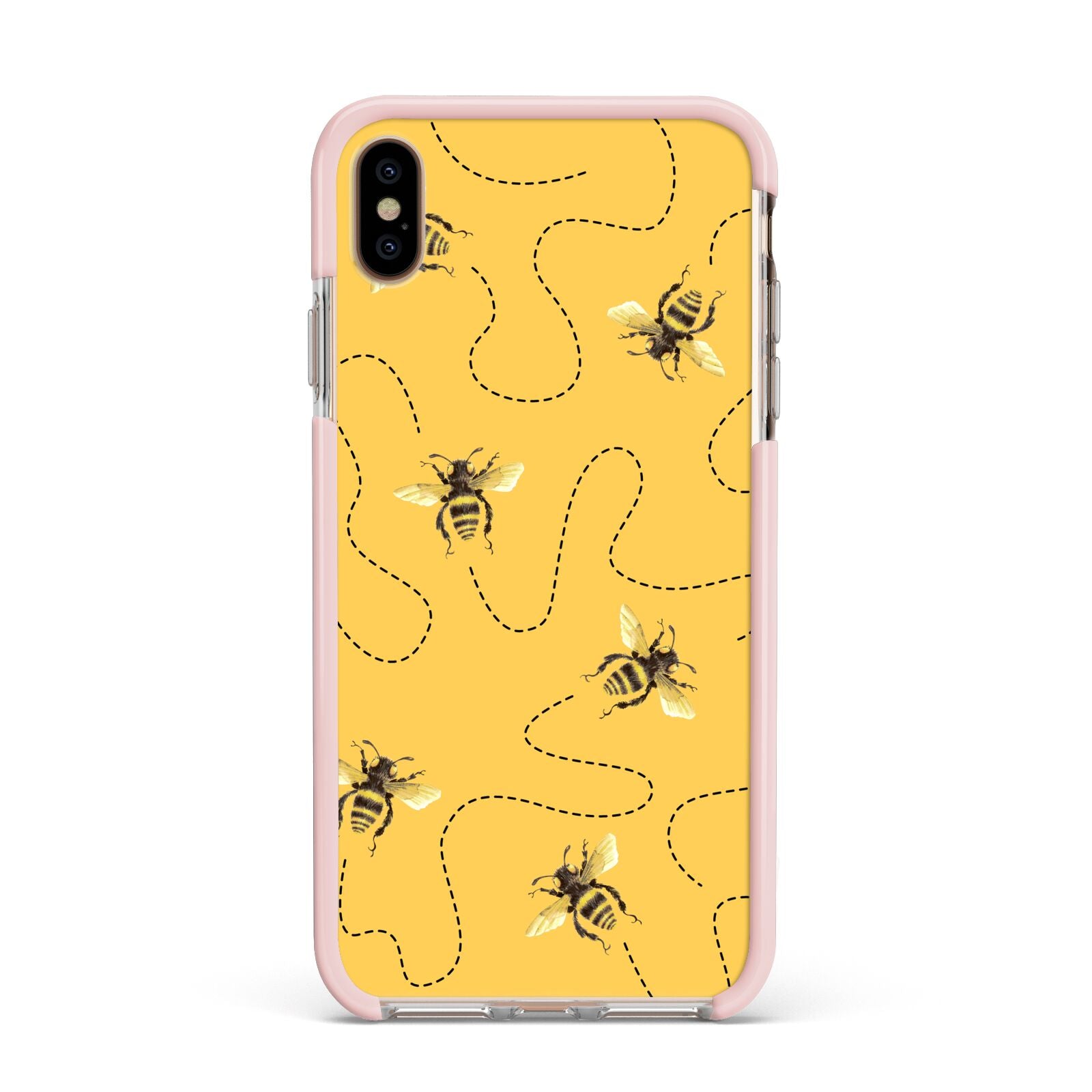 Flying Bees with Yellow Background Apple iPhone Xs Max Impact Case Pink Edge on Gold Phone