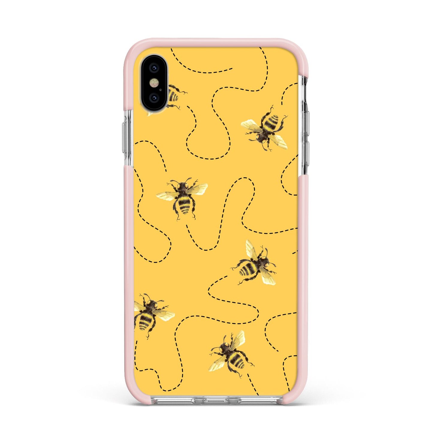 Flying Bees with Yellow Background Apple iPhone Xs Max Impact Case Pink Edge on Silver Phone