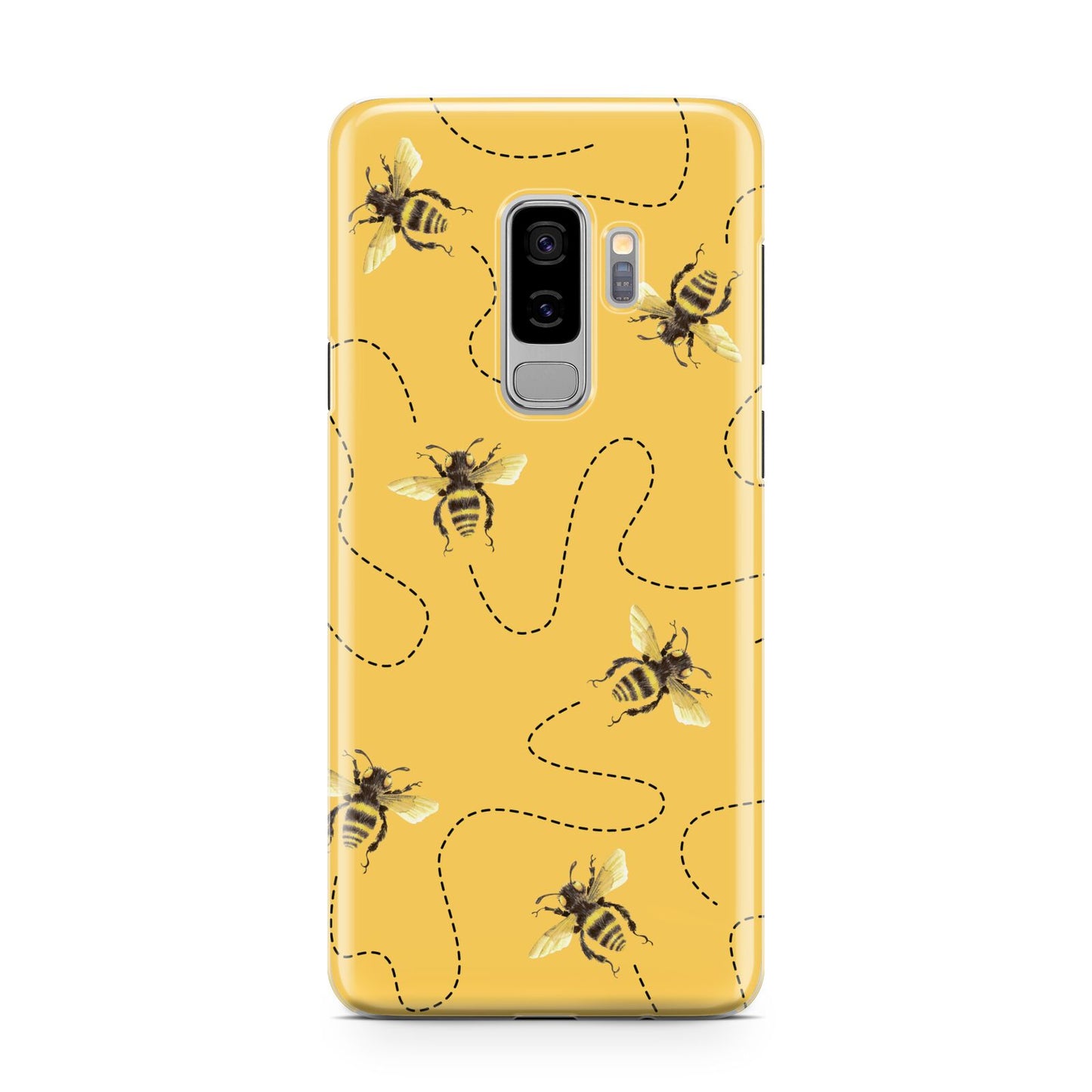 Flying Bees with Yellow Background Samsung Galaxy S9 Plus Case on Silver phone