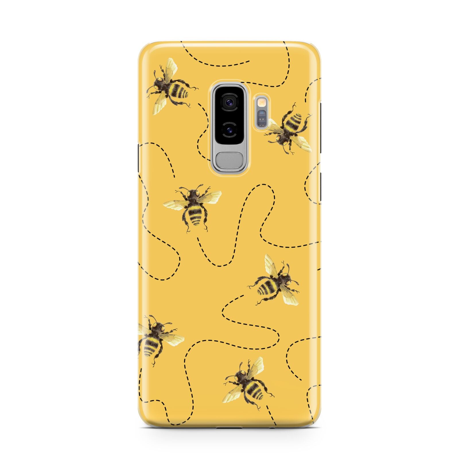 Flying Bees with Yellow Background Samsung Galaxy S9 Plus Case on Silver phone