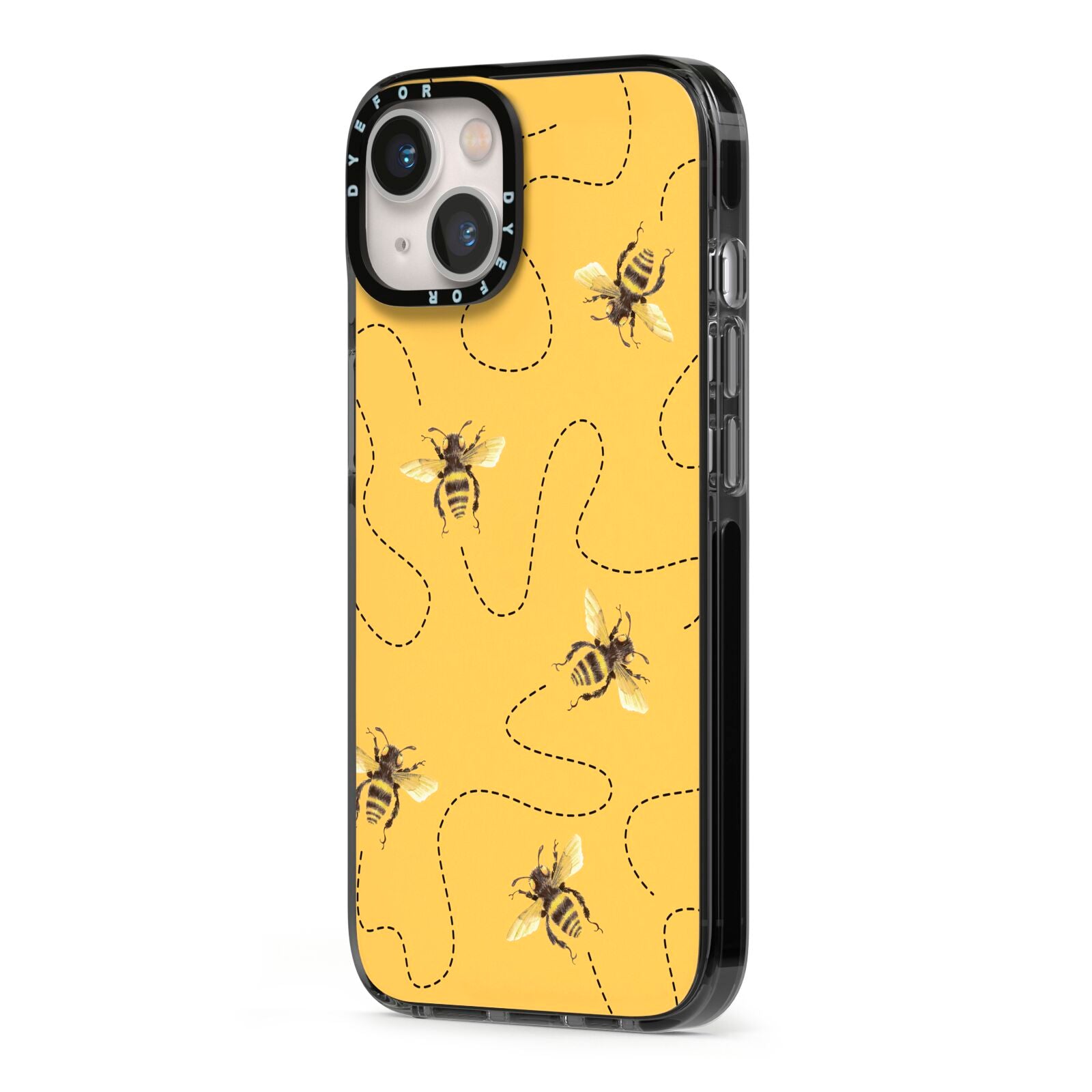 Flying Bees with Yellow Background iPhone 13 Black Impact Case Side Angle on Silver phone