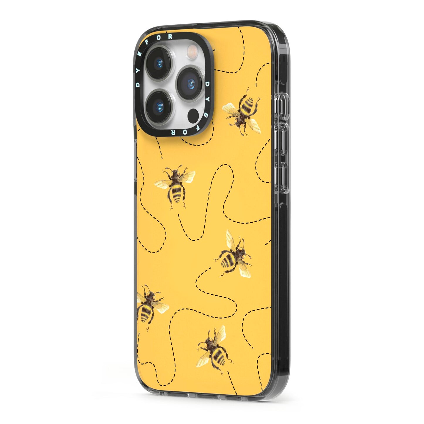 Flying Bees with Yellow Background iPhone 13 Pro Black Impact Case Side Angle on Silver phone