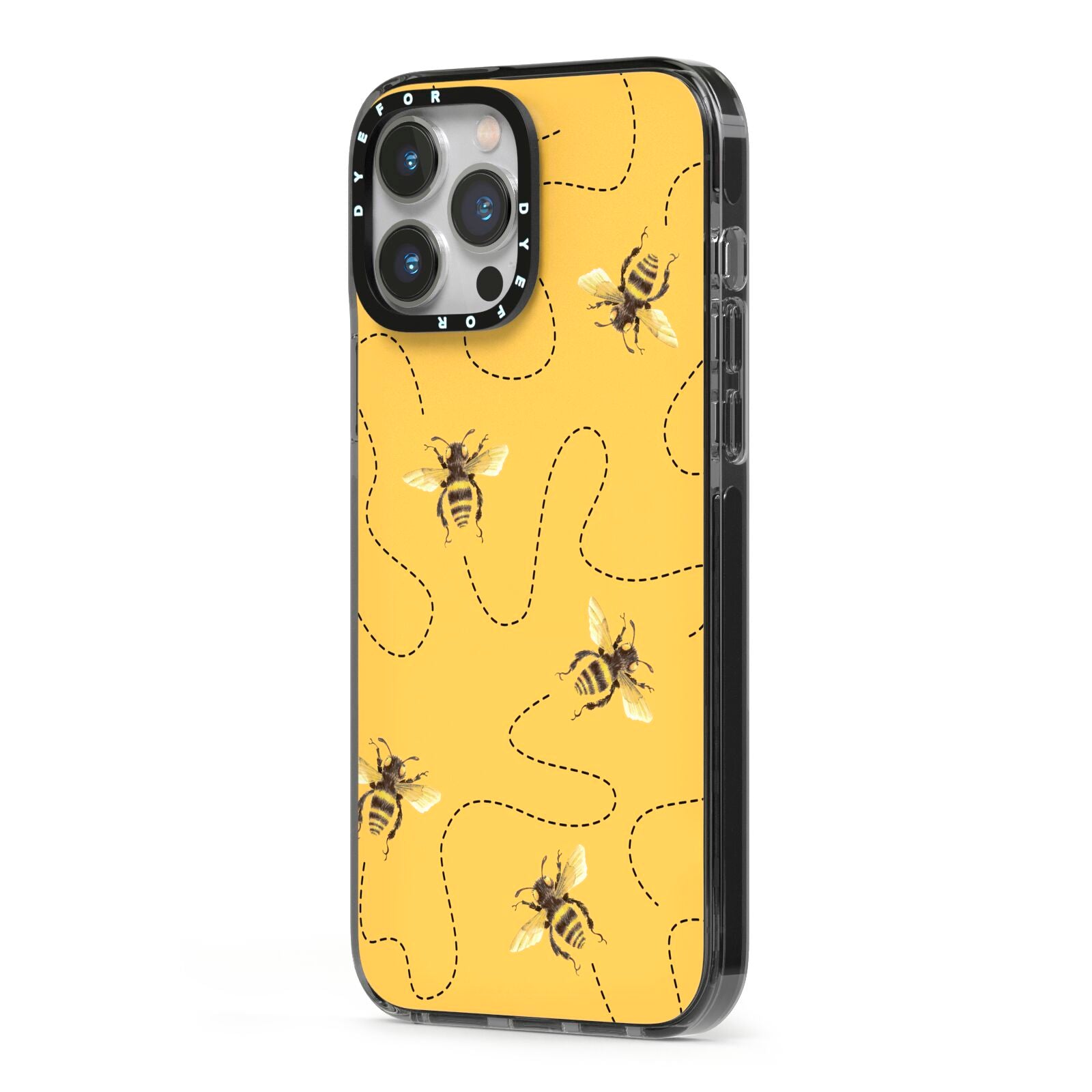 Flying Bees with Yellow Background iPhone 13 Pro Max Black Impact Case Side Angle on Silver phone