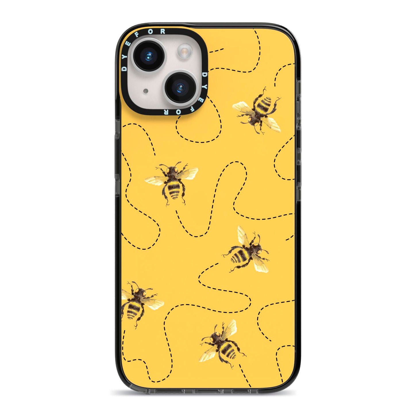 Flying Bees with Yellow Background iPhone 14 Black Impact Case on Silver phone