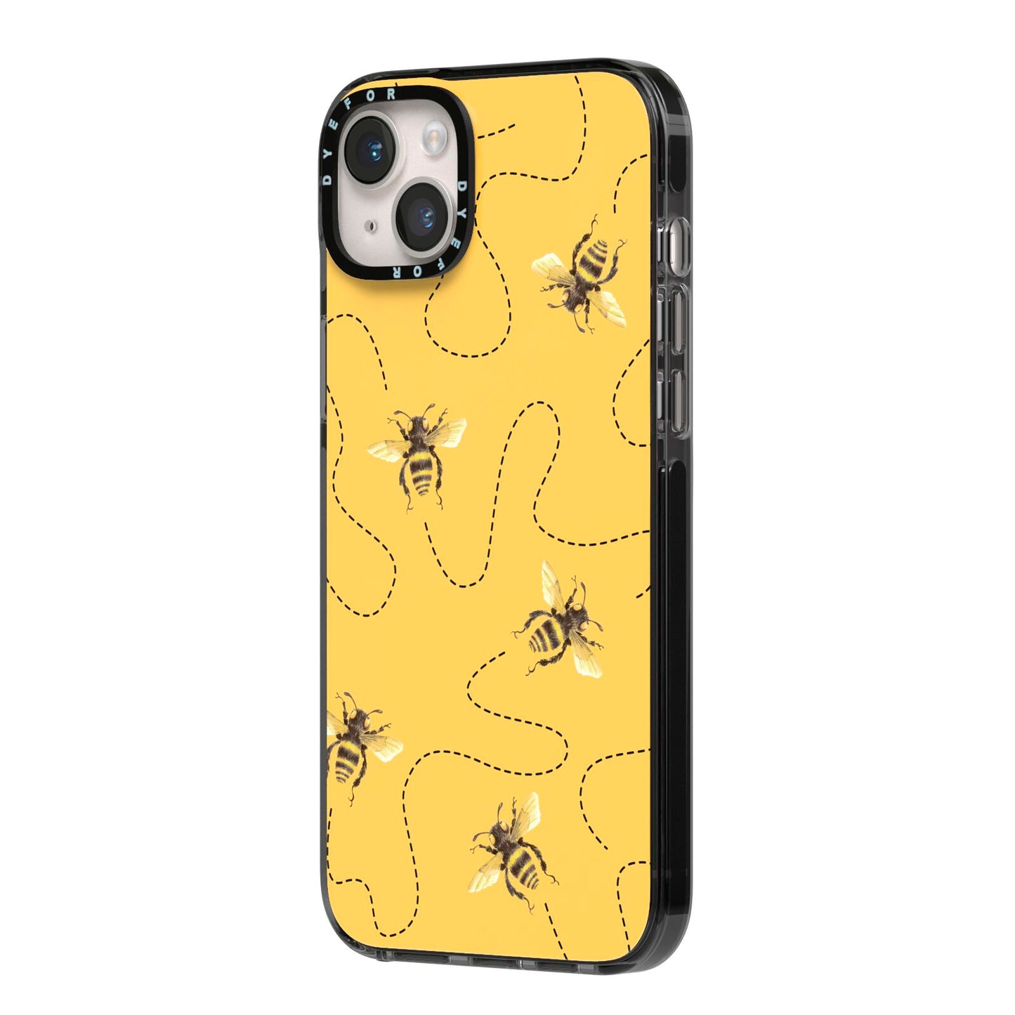 Flying Bees with Yellow Background iPhone 14 Plus Black Impact Case Side Angle on Silver phone