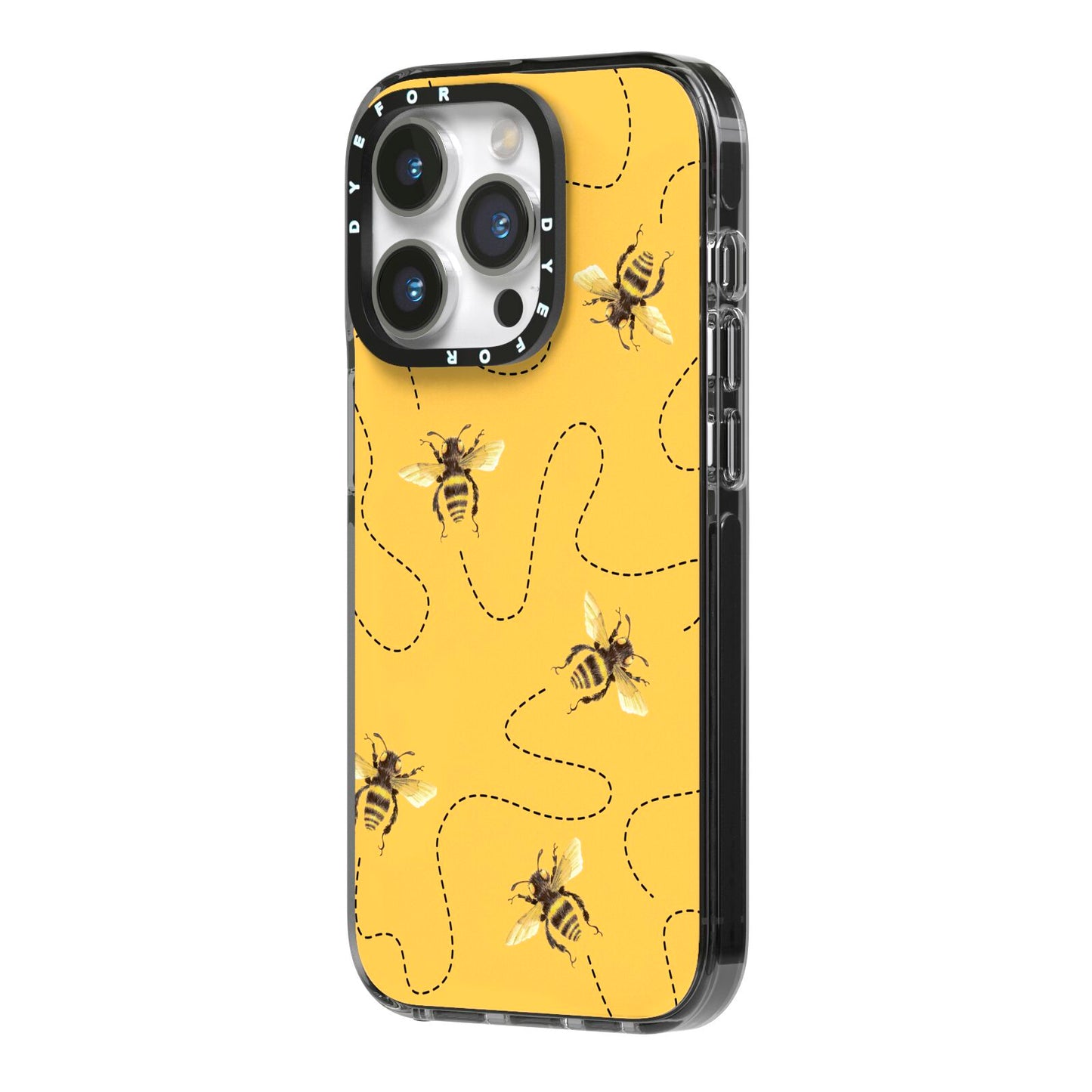 Flying Bees with Yellow Background iPhone 14 Pro Black Impact Case Side Angle on Silver phone