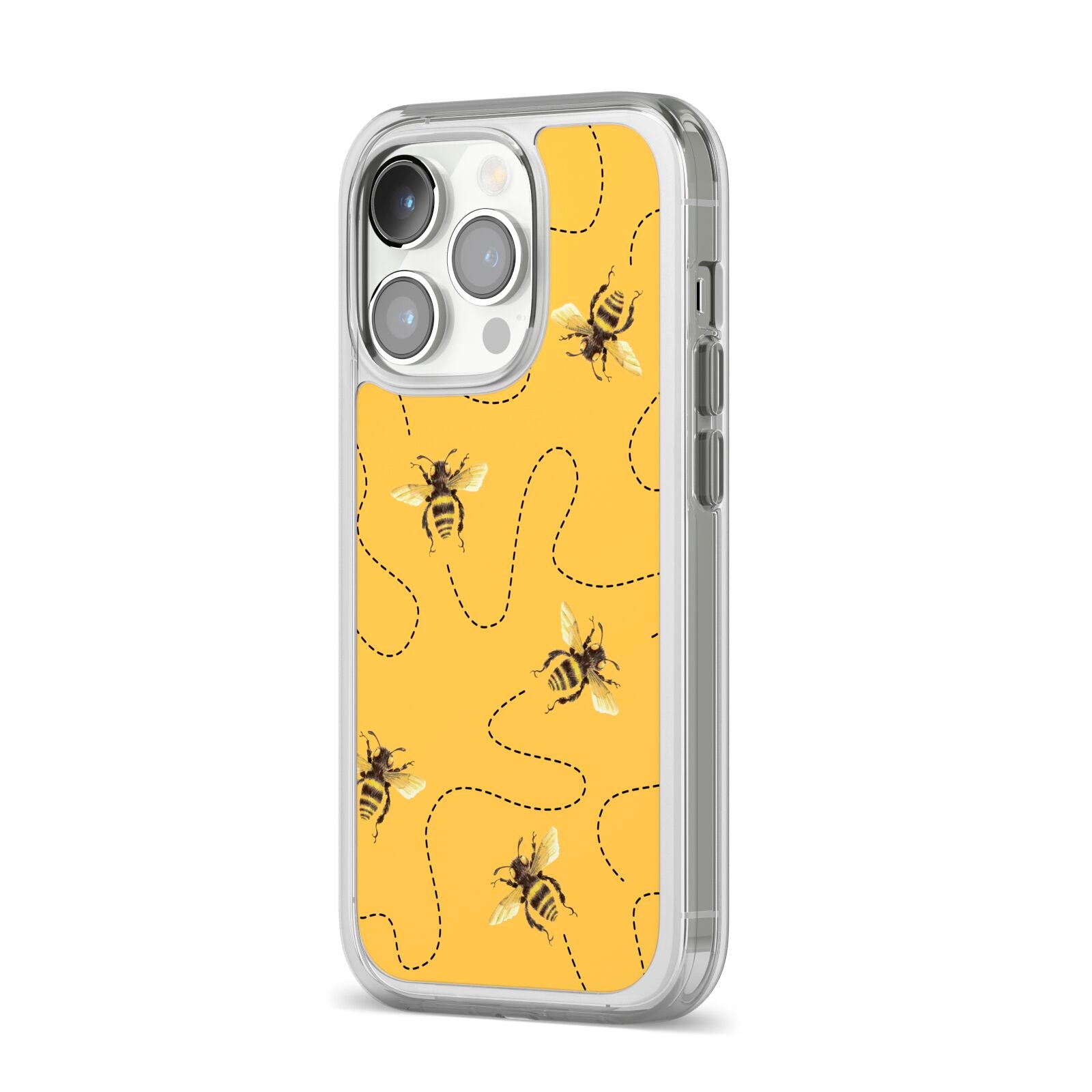 Flying Bees with Yellow Background iPhone 14 Pro Clear Tough Case Silver Angled Image