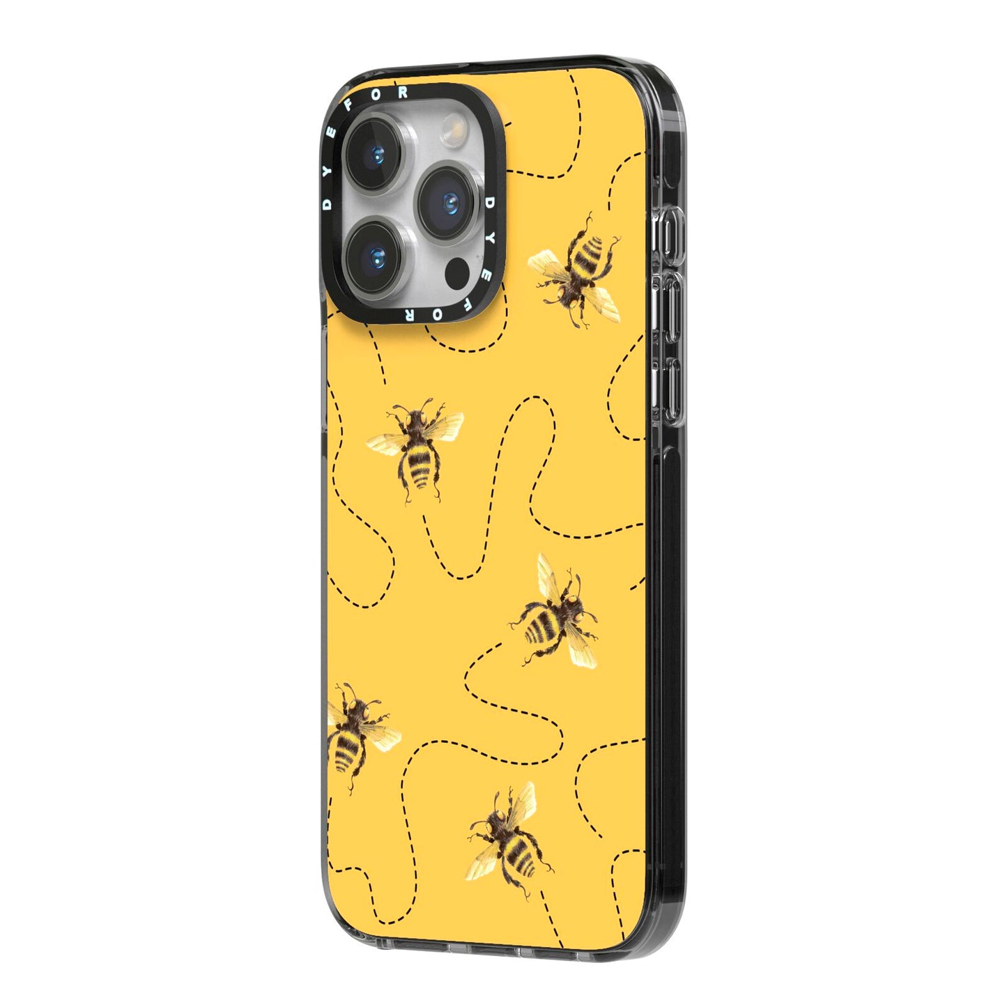 Flying Bees with Yellow Background iPhone 14 Pro Max Black Impact Case Side Angle on Silver phone