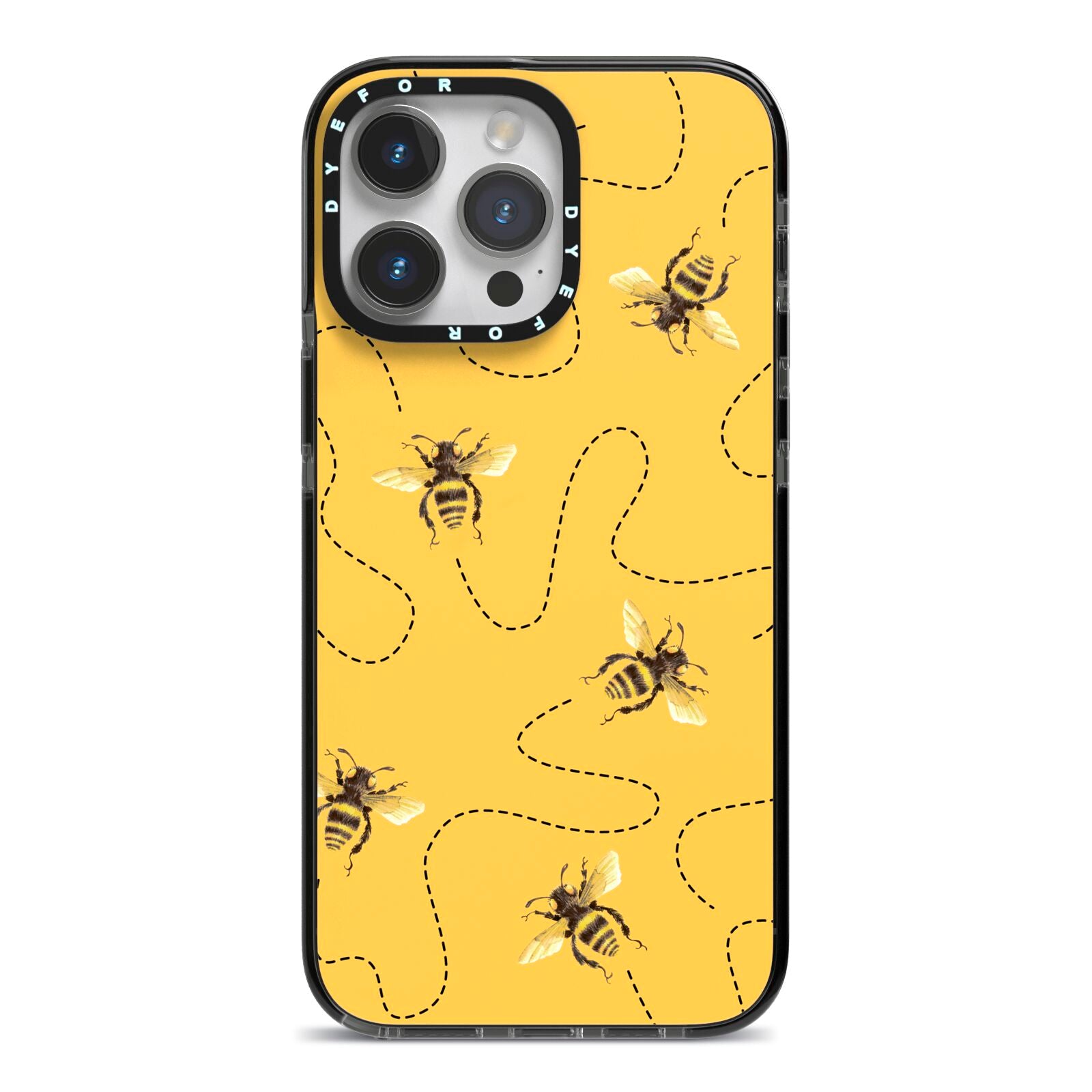 Flying Bees with Yellow Background iPhone 14 Pro Max Black Impact Case on Silver phone