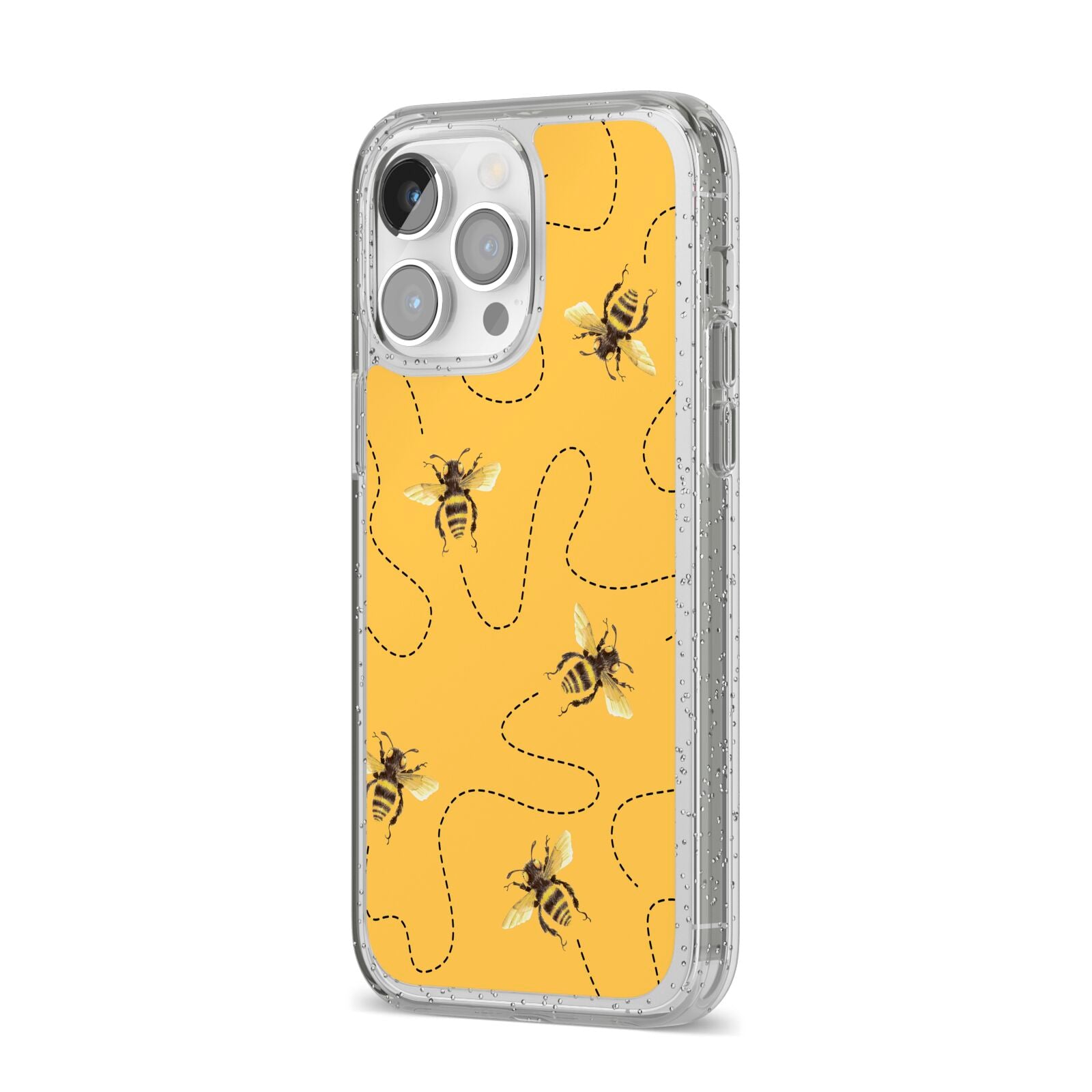 Flying Bees with Yellow Background iPhone 14 Pro Max Glitter Tough Case Silver Angled Image