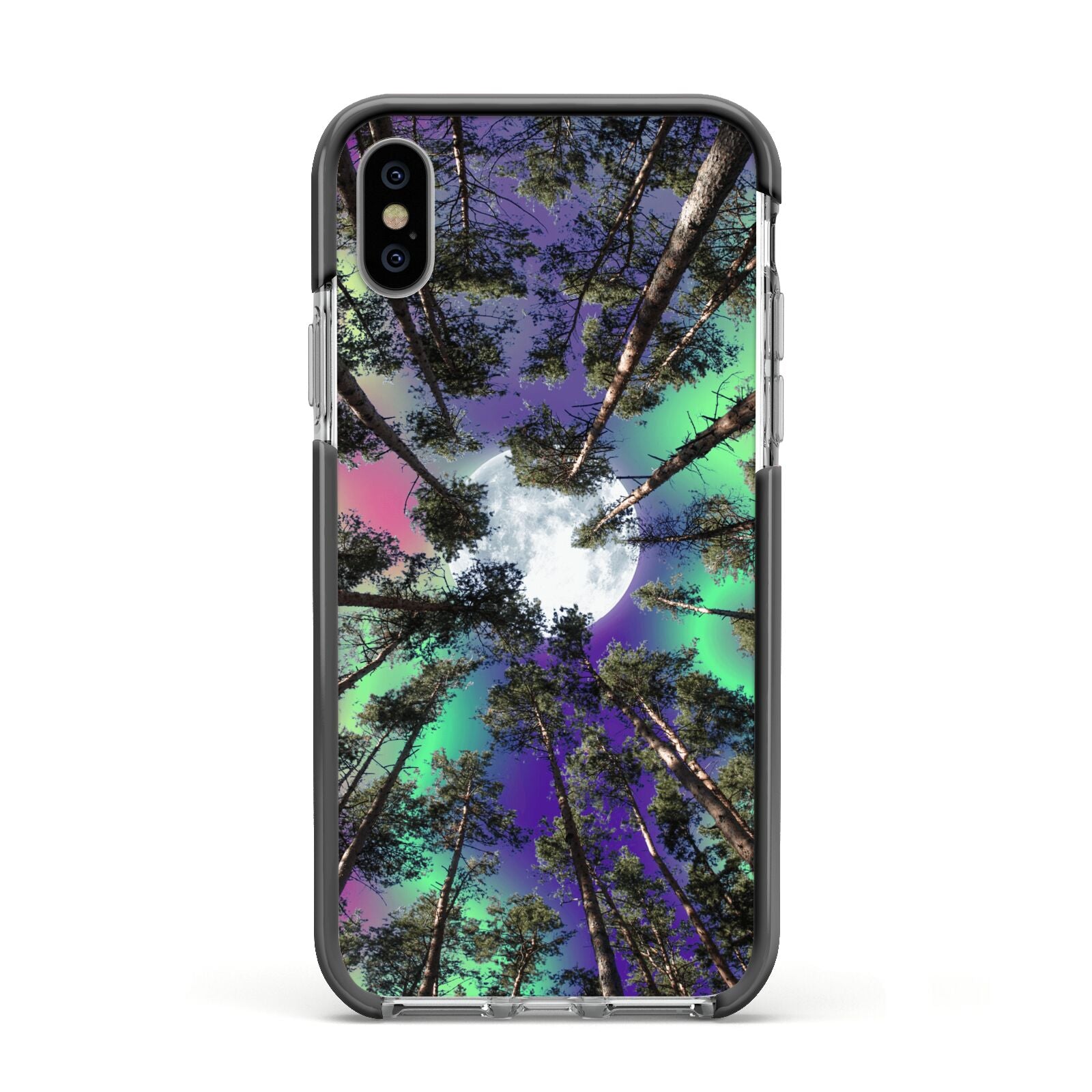 Forest Moon Apple iPhone Xs Impact Case Black Edge on Silver Phone