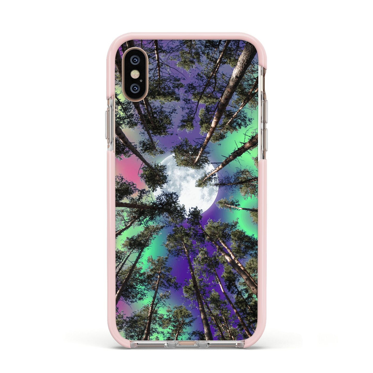 Forest Moon Apple iPhone Xs Impact Case Pink Edge on Gold Phone