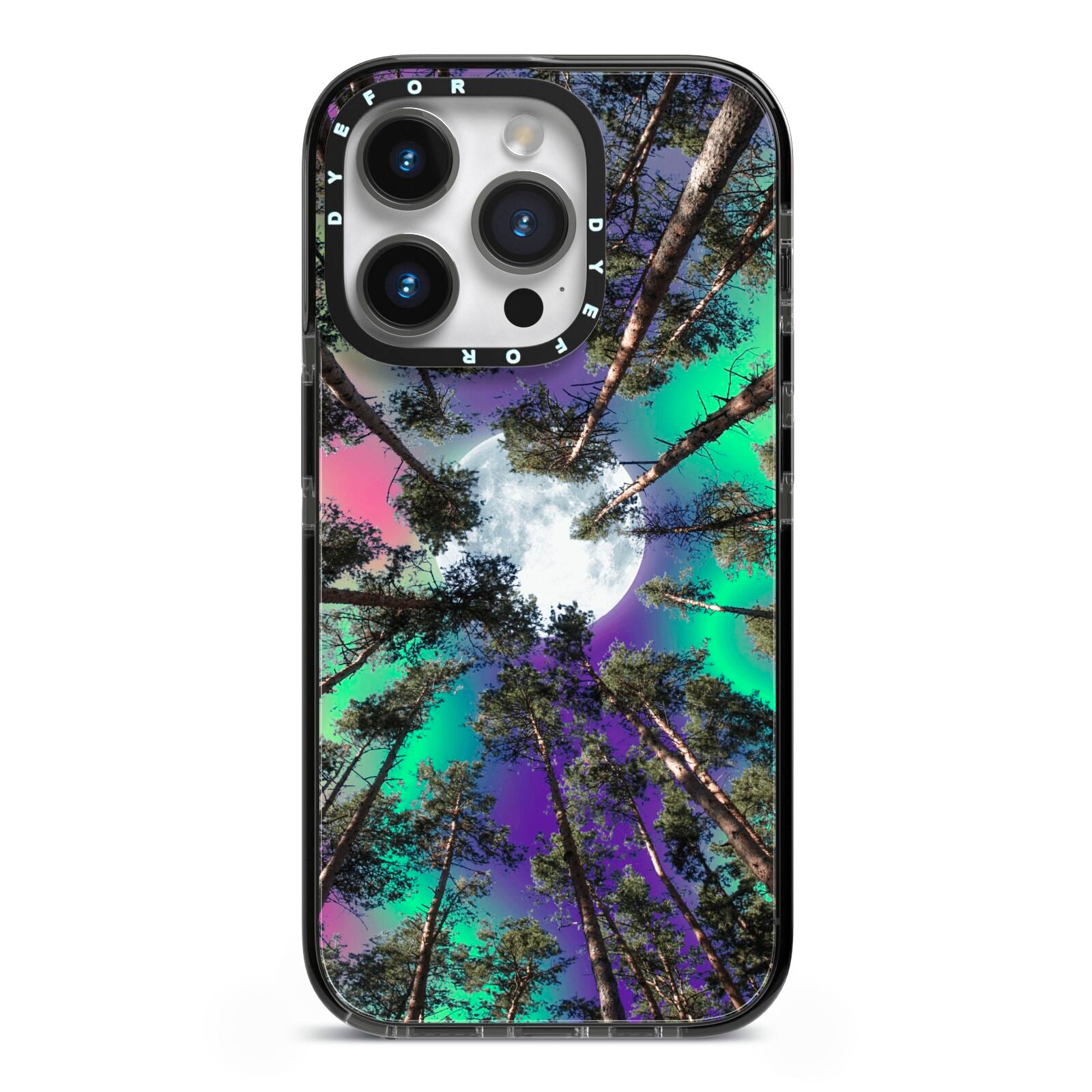 Forest Moon iPhone 14 Pro Black Impact Case on Silver phone