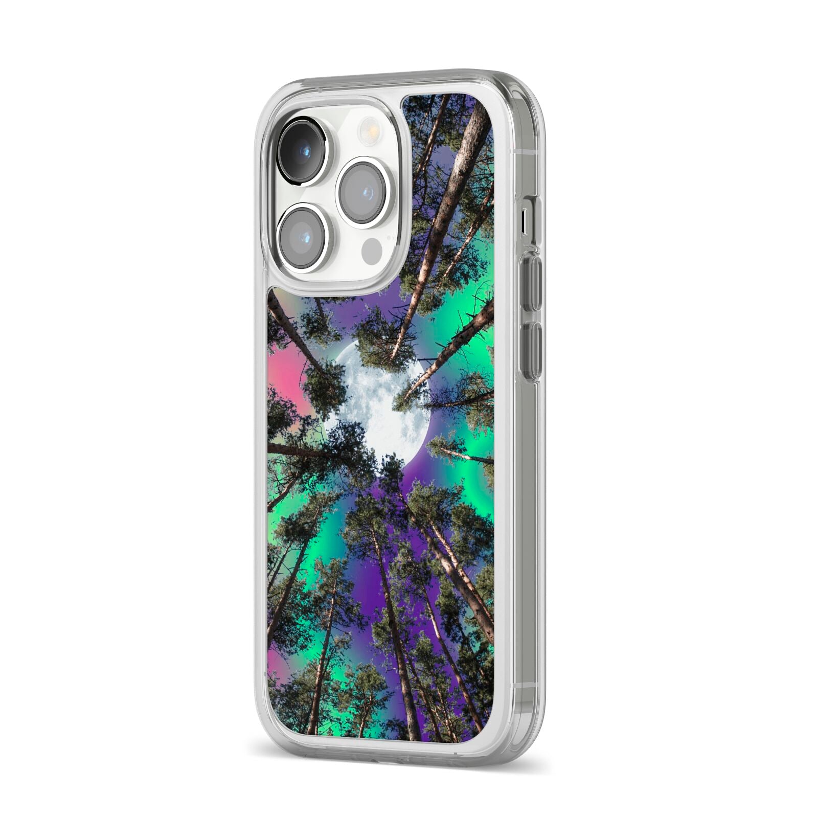 Forest Moon iPhone 14 Pro Clear Tough Case Silver Angled Image