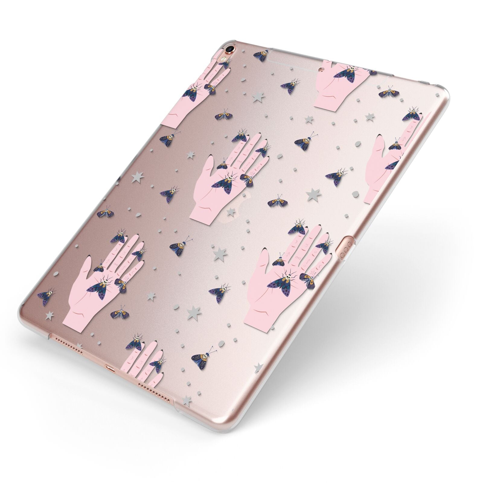 Fortune Teller Hands and Skull Moths Apple iPad Case on Rose Gold iPad Side View