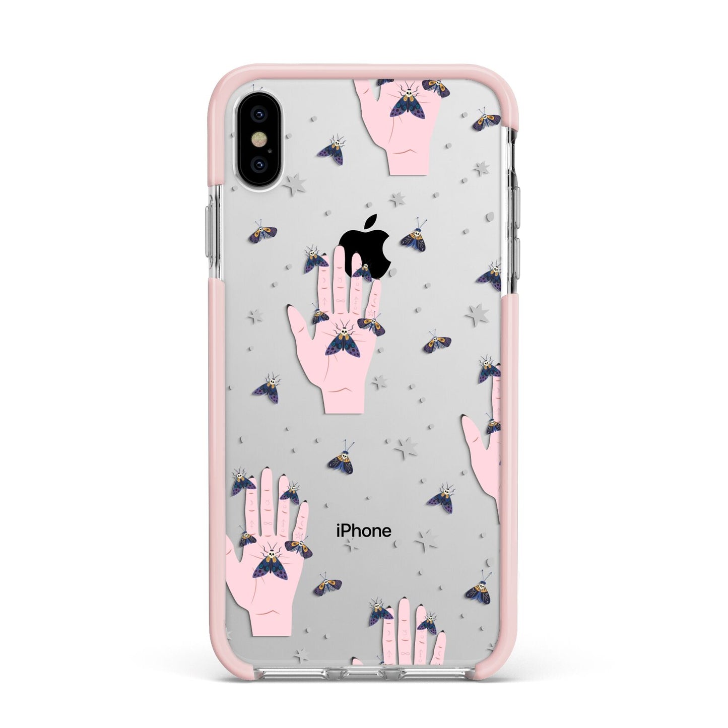 Fortune Teller Hands and Skull Moths Apple iPhone Xs Max Impact Case Pink Edge on Silver Phone