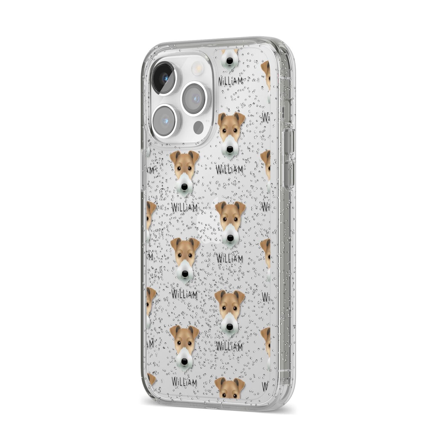 Fox Terrier Icon with Name iPhone 14 Pro Max Glitter Tough Case Silver Angled Image